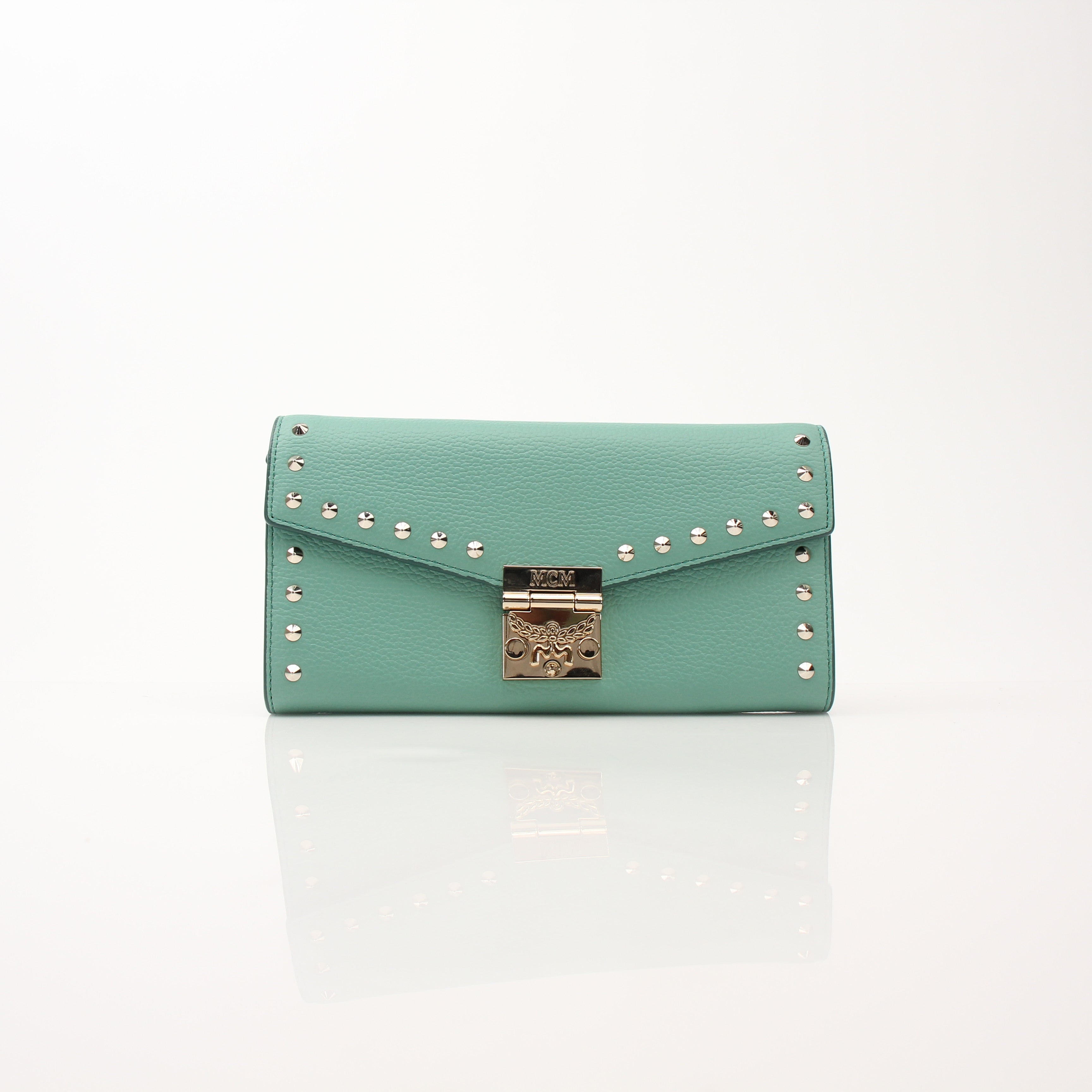 Gold & Beyond MCM Millie Mint Wallet on Chain, stylish leather wallet featuring gold-tone chain and compact design.