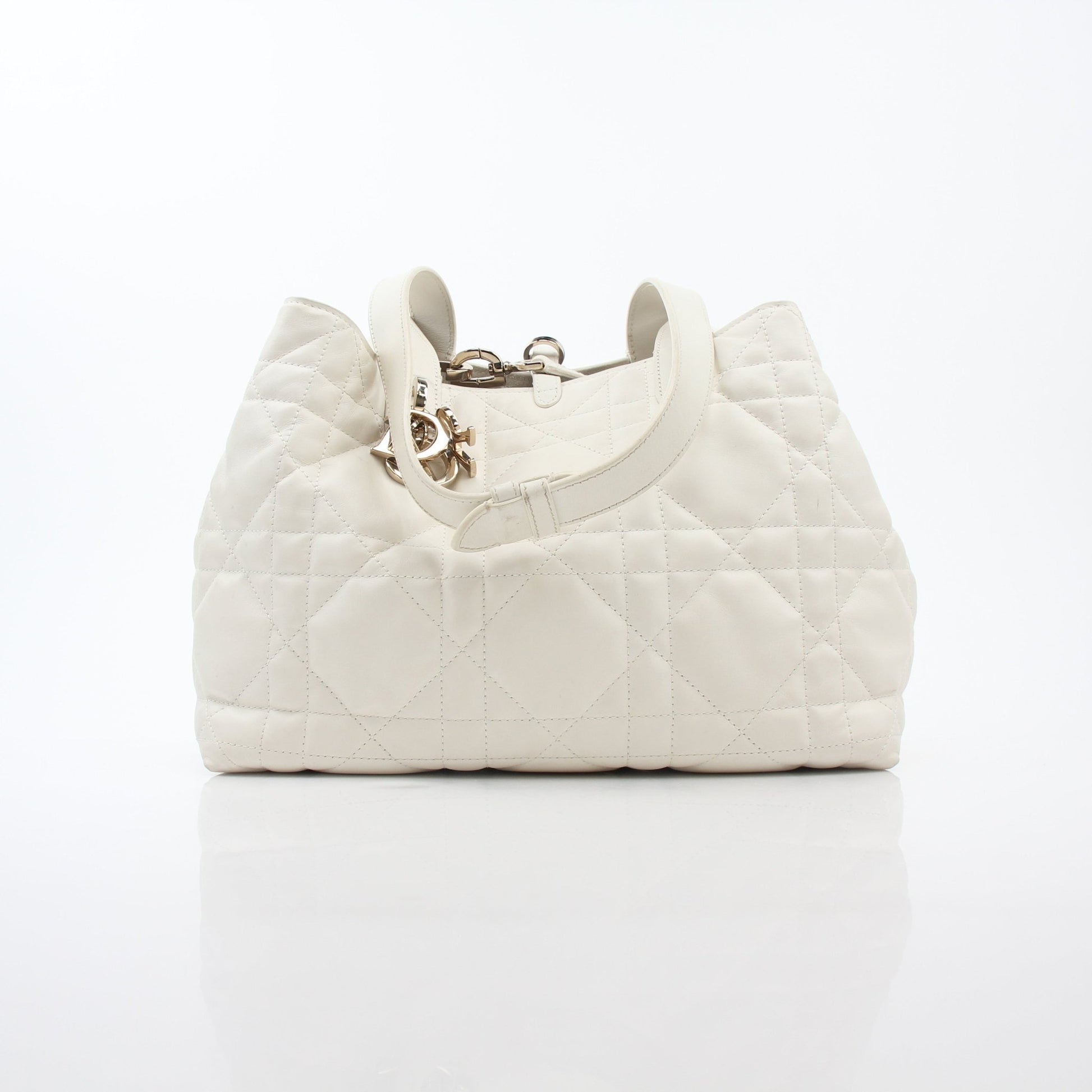 Christian Dior Latte Macrocannage Toujours tote handbag by Gold & Beyond with beige and brown quilted leather and gold-tone hardware.