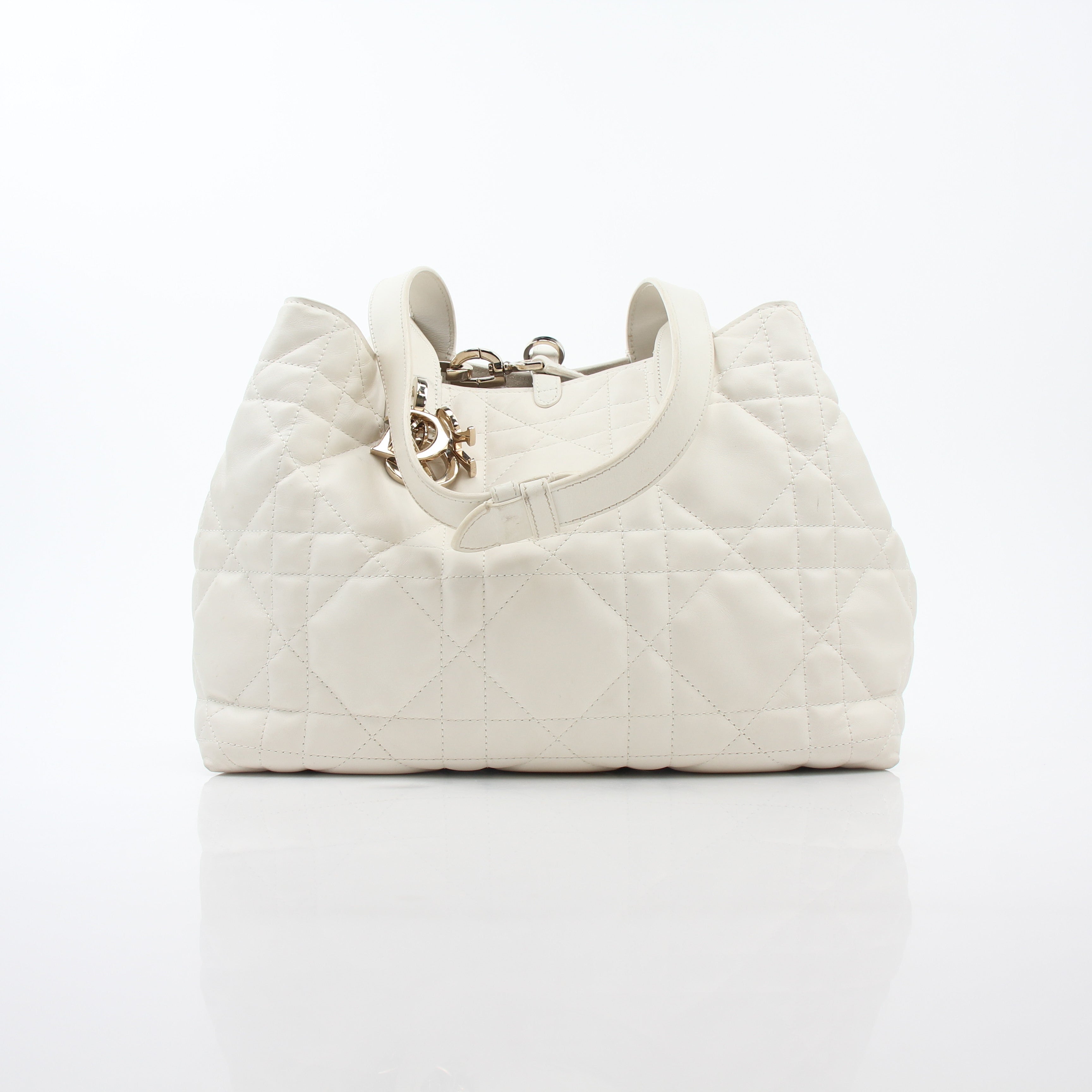 Christian Dior Latte Macrocannage Toujours tote handbag by Gold & Beyond with beige and brown quilted leather and gold-tone hardware.