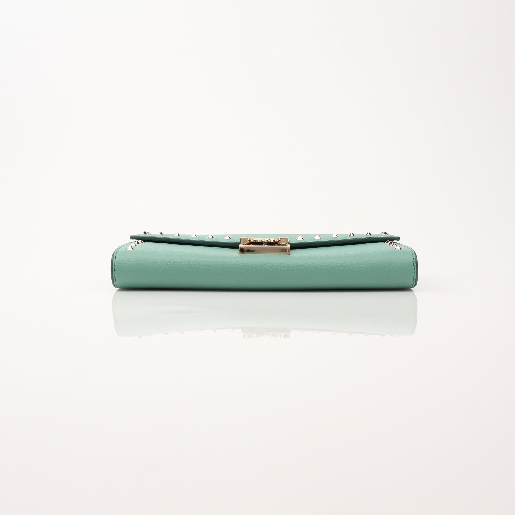 Gold & Beyond MCM Millie Mint wallet on chain, stylish leather wallet with chain strap, in vibrant mint green color.