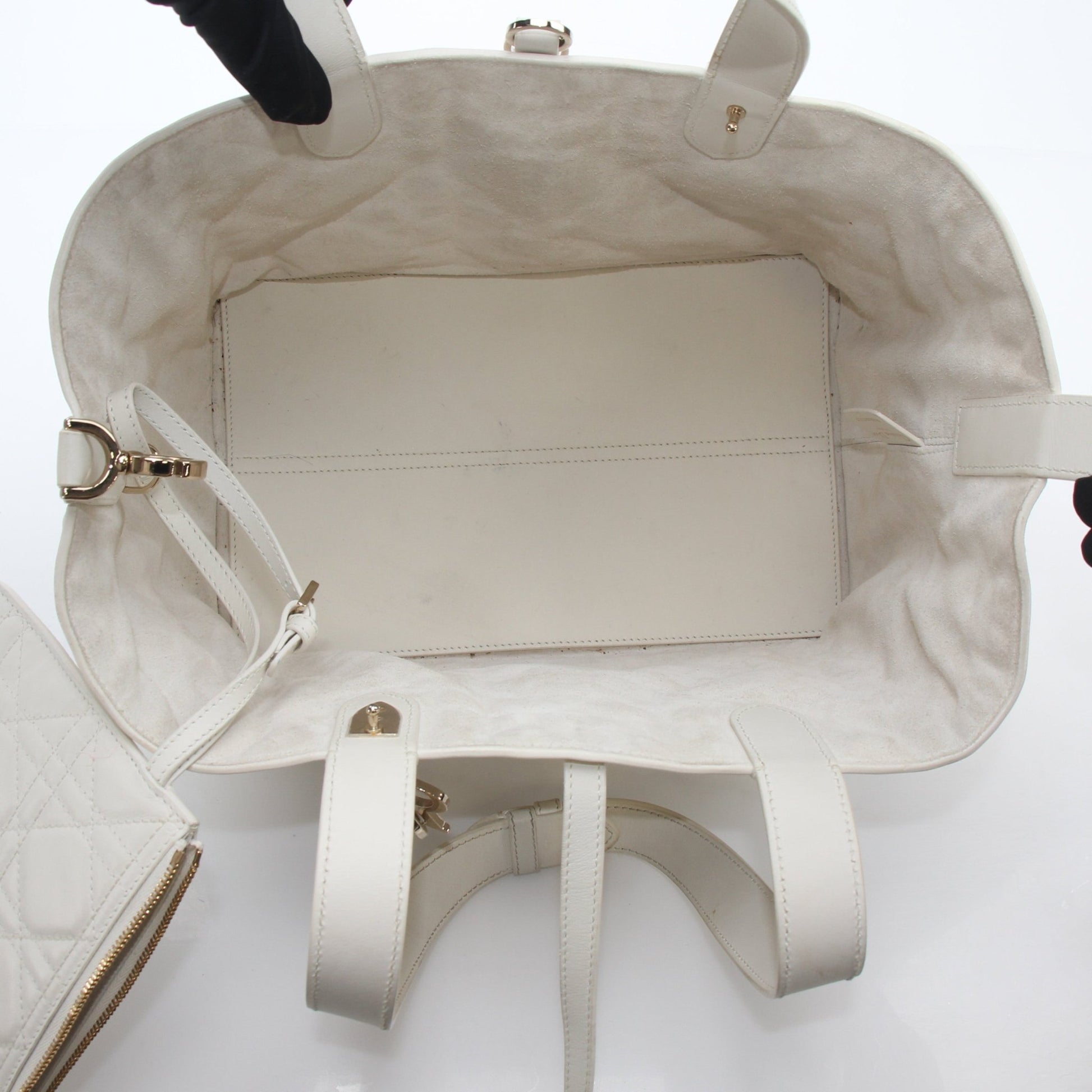 Christian Dior Latte Macrocannage Toujours tote bag by Gold & Beyond, showcasing beige quilted leather handbag with gold-tone hardware.