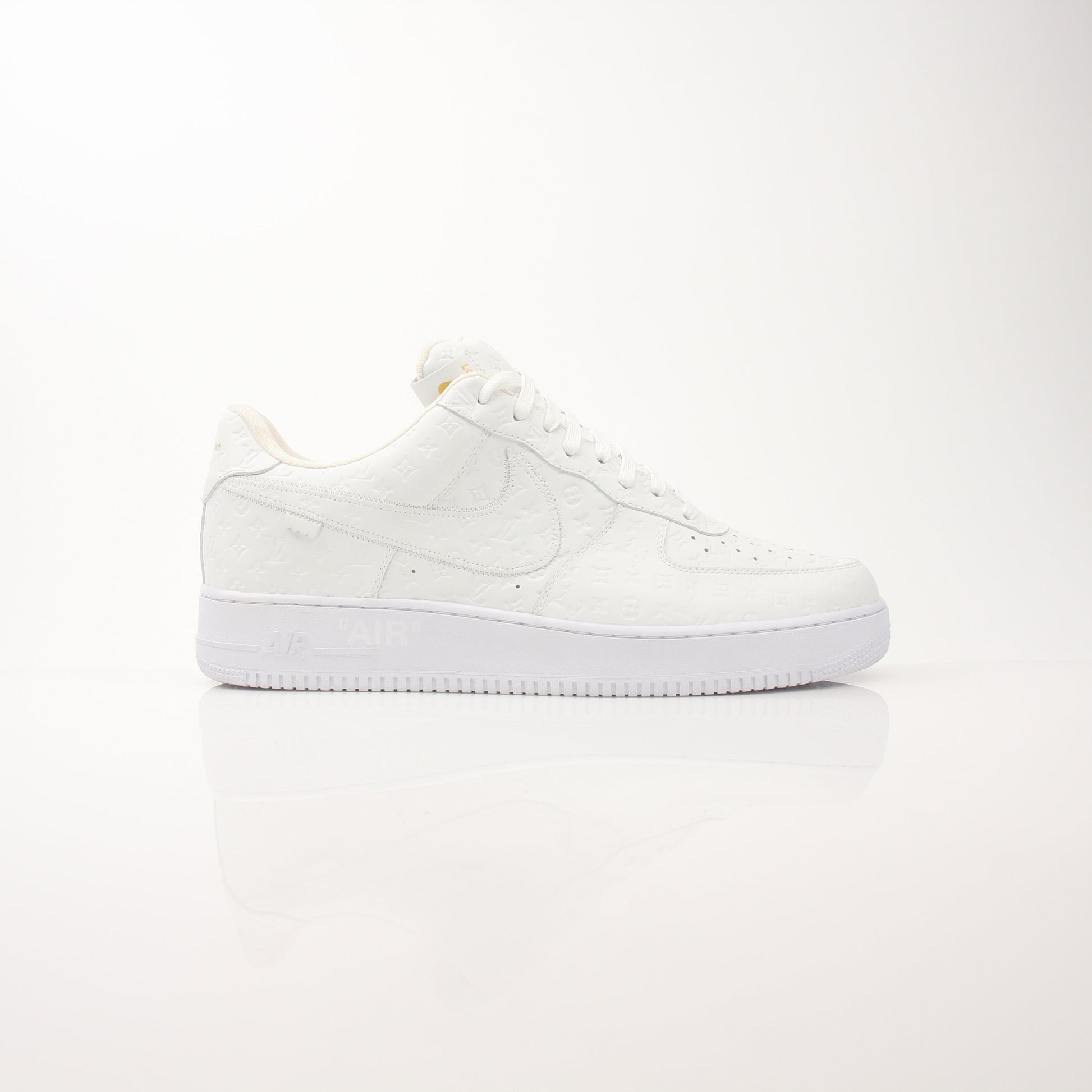Louis Vuitton x Nike Air Force 1 Low sneakers for men, featuring luxury design and signature branding, displayed on a white background.