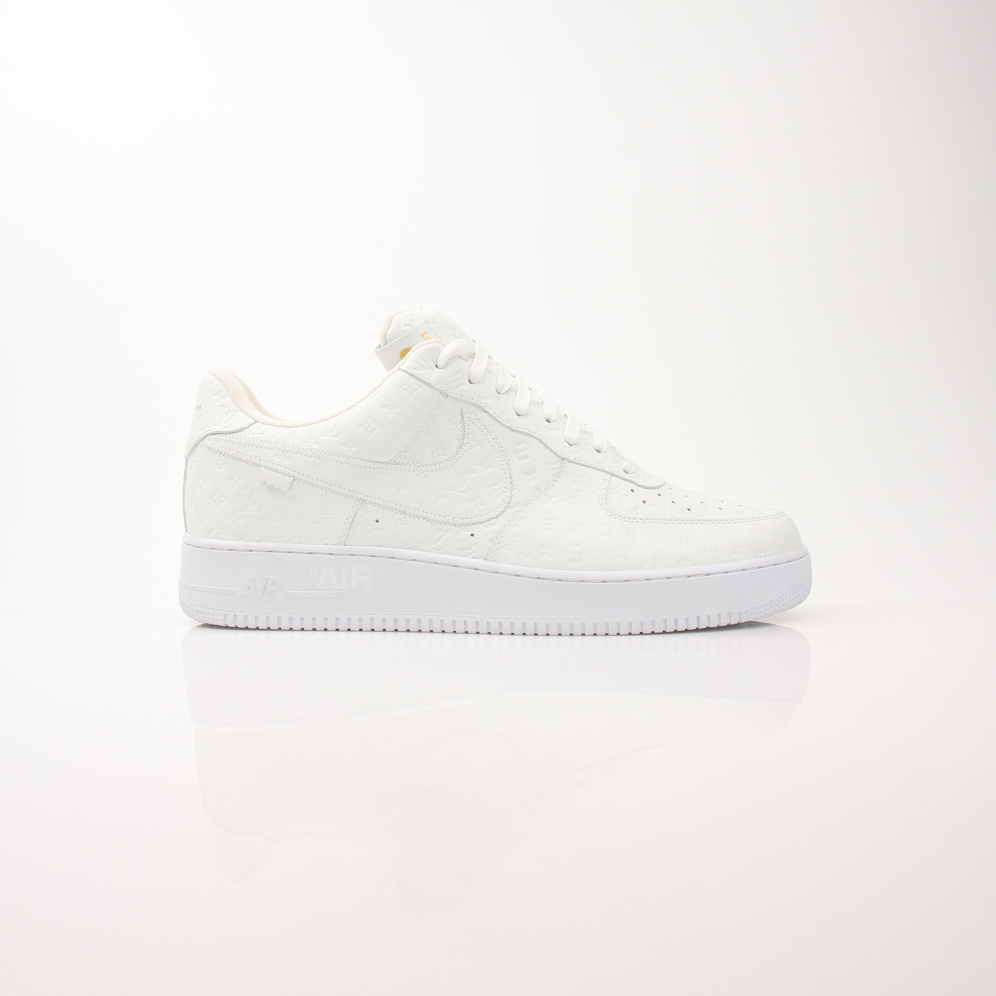 Louis Vuitton x Nike Air Force 1 Low sneakers for men, featuring luxury design and signature branding, displayed on a white background.