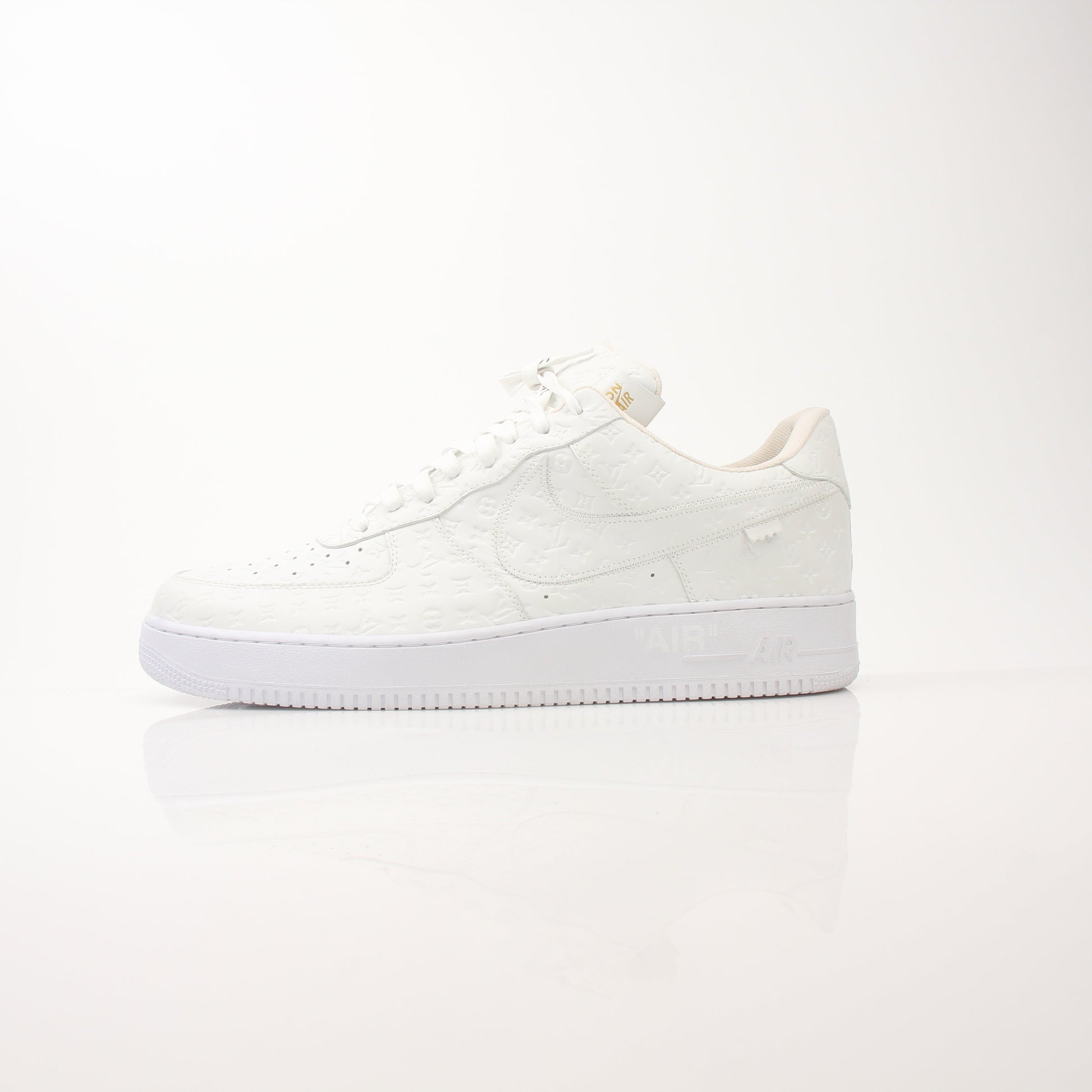 Gold & Beyond Louis Vuitton x Nike Air Force 1 Low sneakers for men, featuring luxury design and classic sneaker details.