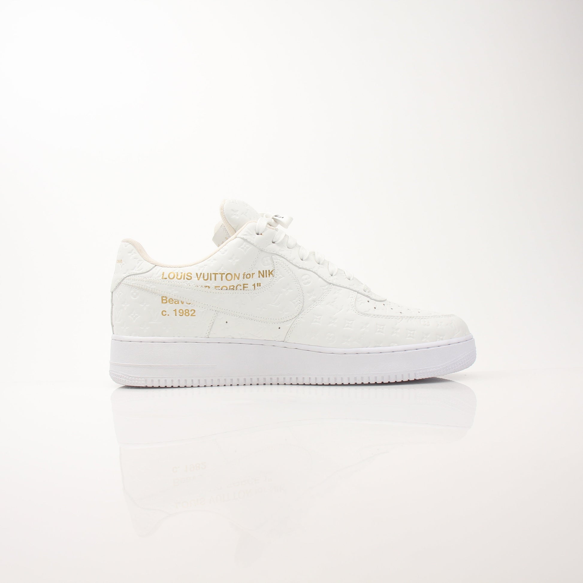 Gold & Beyond Louis Vuitton x Nike Air Force 1 Low sneakers for men, featuring luxury design and classic Nike sneaker style.