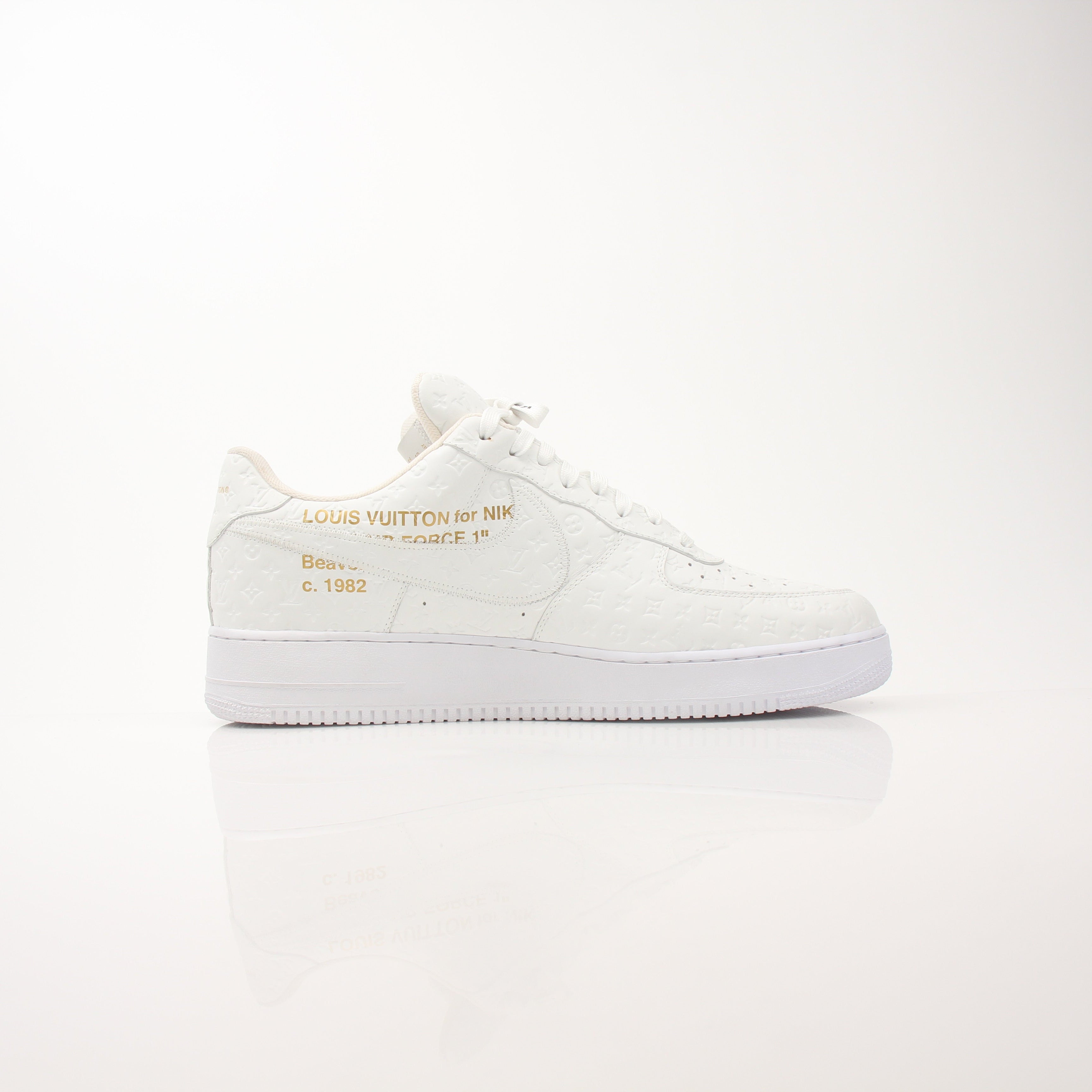 Gold & Beyond Louis Vuitton x Nike Air Force 1 Low sneakers for men, featuring luxury design and classic Nike sneaker style.