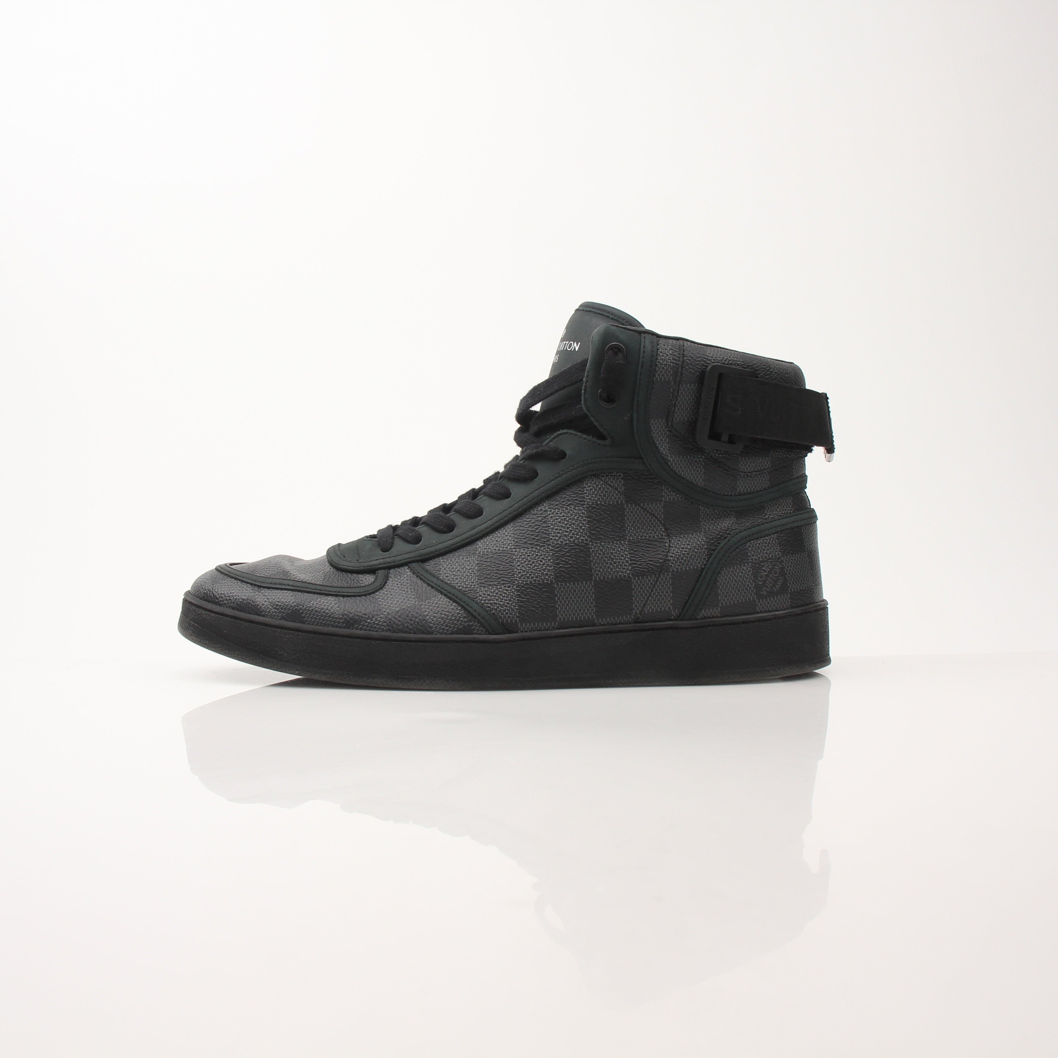Louis Vuitton Rivoli high top sneakers for men by Gold & Beyond, showing black leather shoes with white soles and stylish design