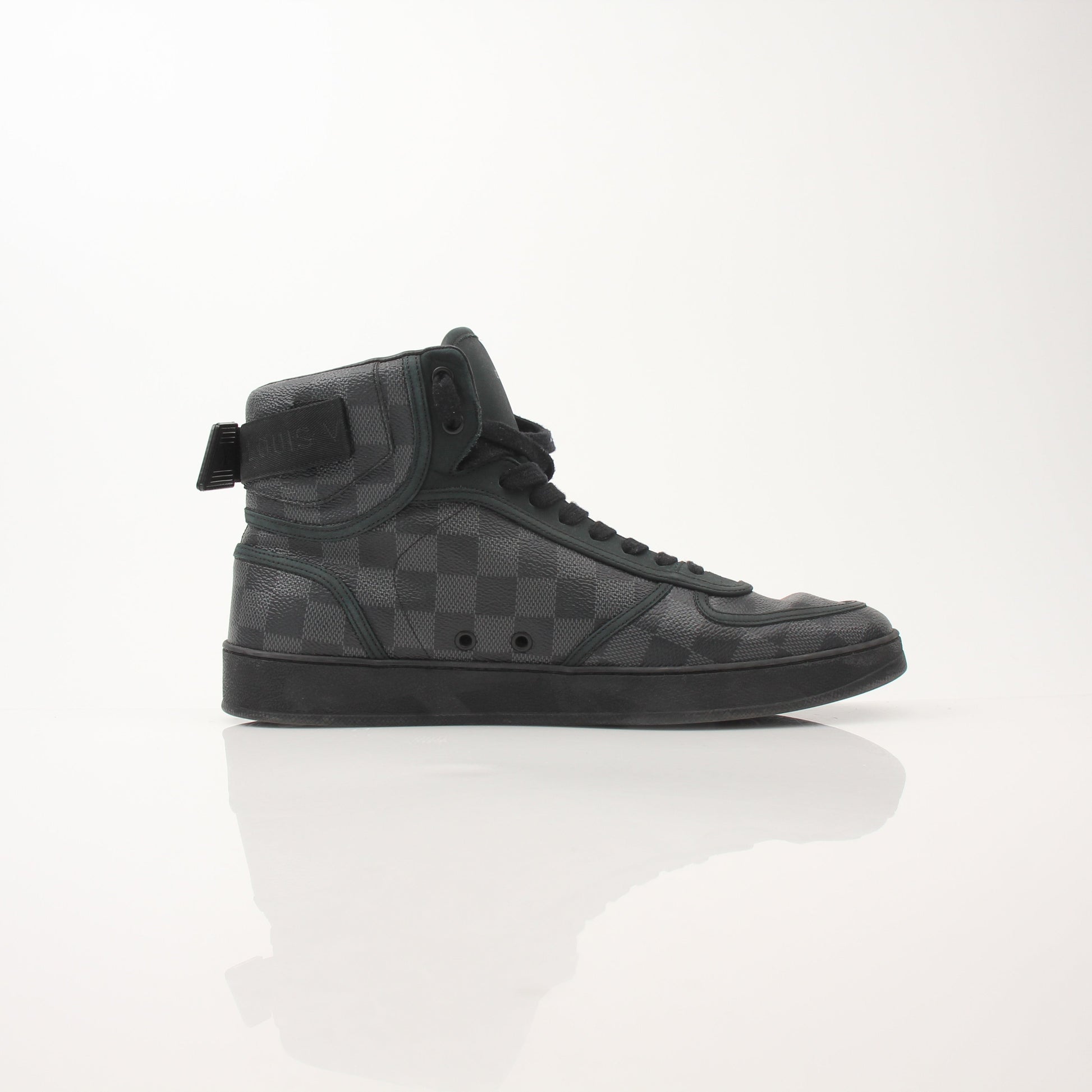 Gold & Beyond Louis Vuitton Rivoli high top sneakers for men, stylish leather shoes with laces and branding details.