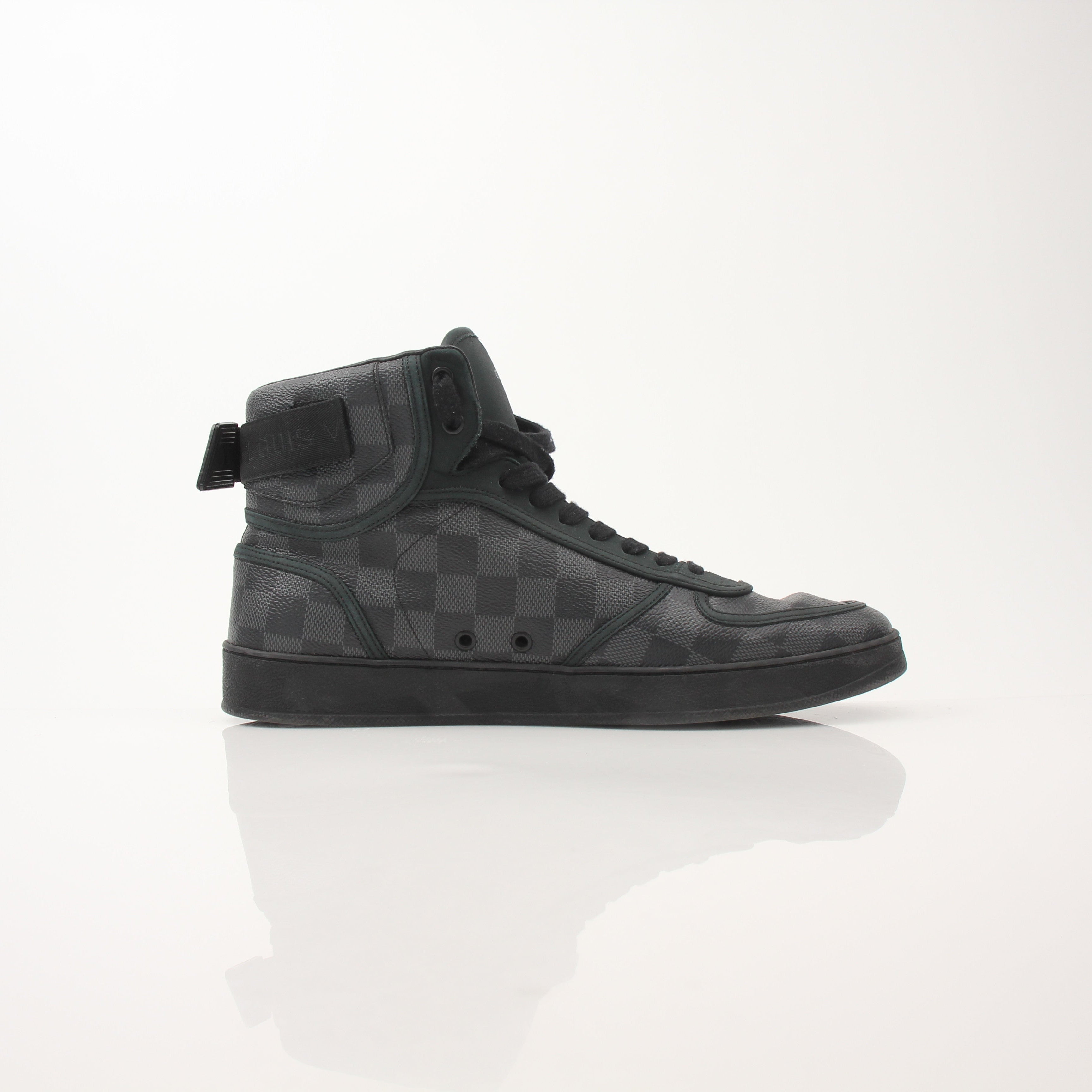 Gold & Beyond Louis Vuitton Rivoli high top sneakers for men, stylish leather shoes with laces and branding details.