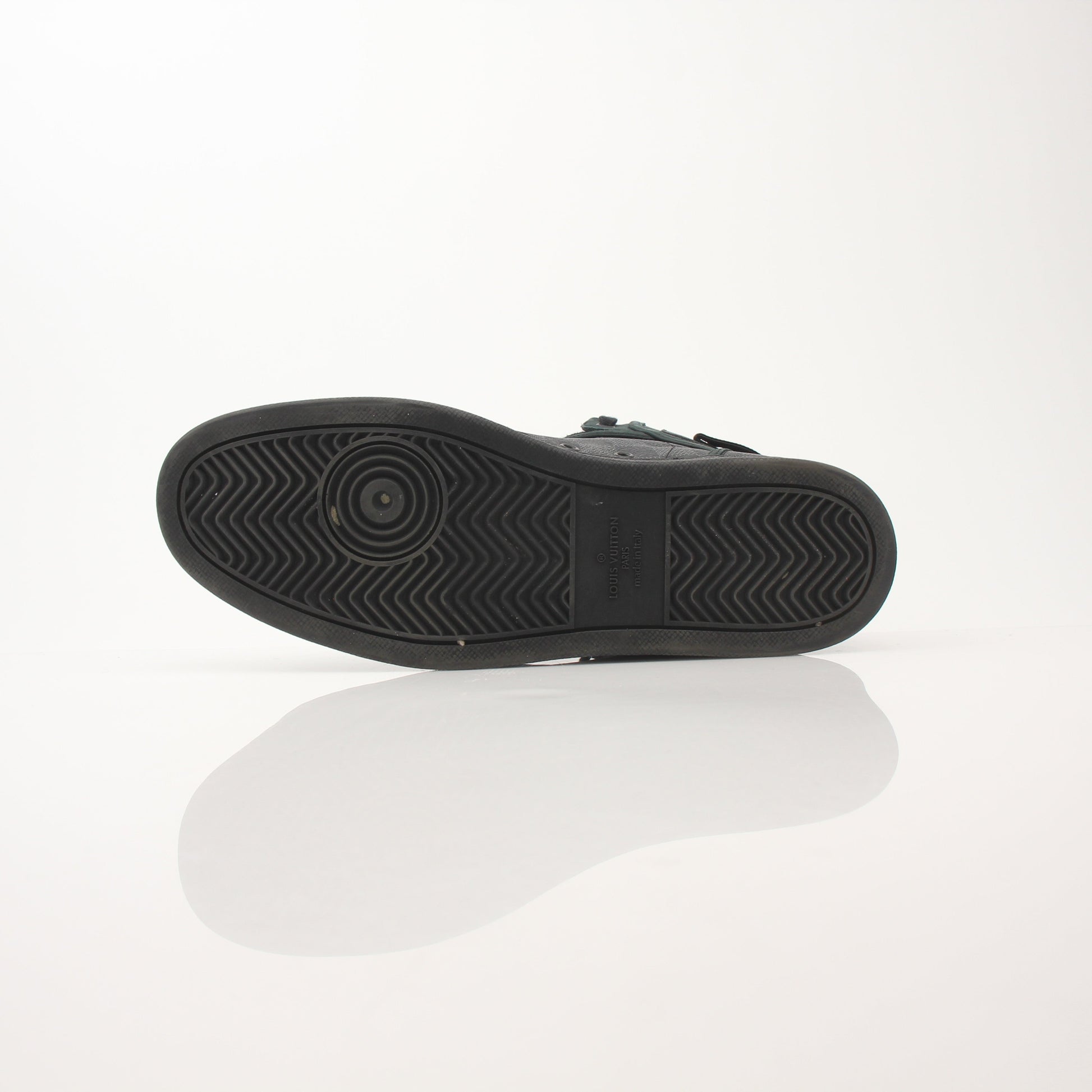 Louis Vuitton Men’s Rivoli high top sneakers by Gold & Beyond, featuring black leather uppers and stylish design details.