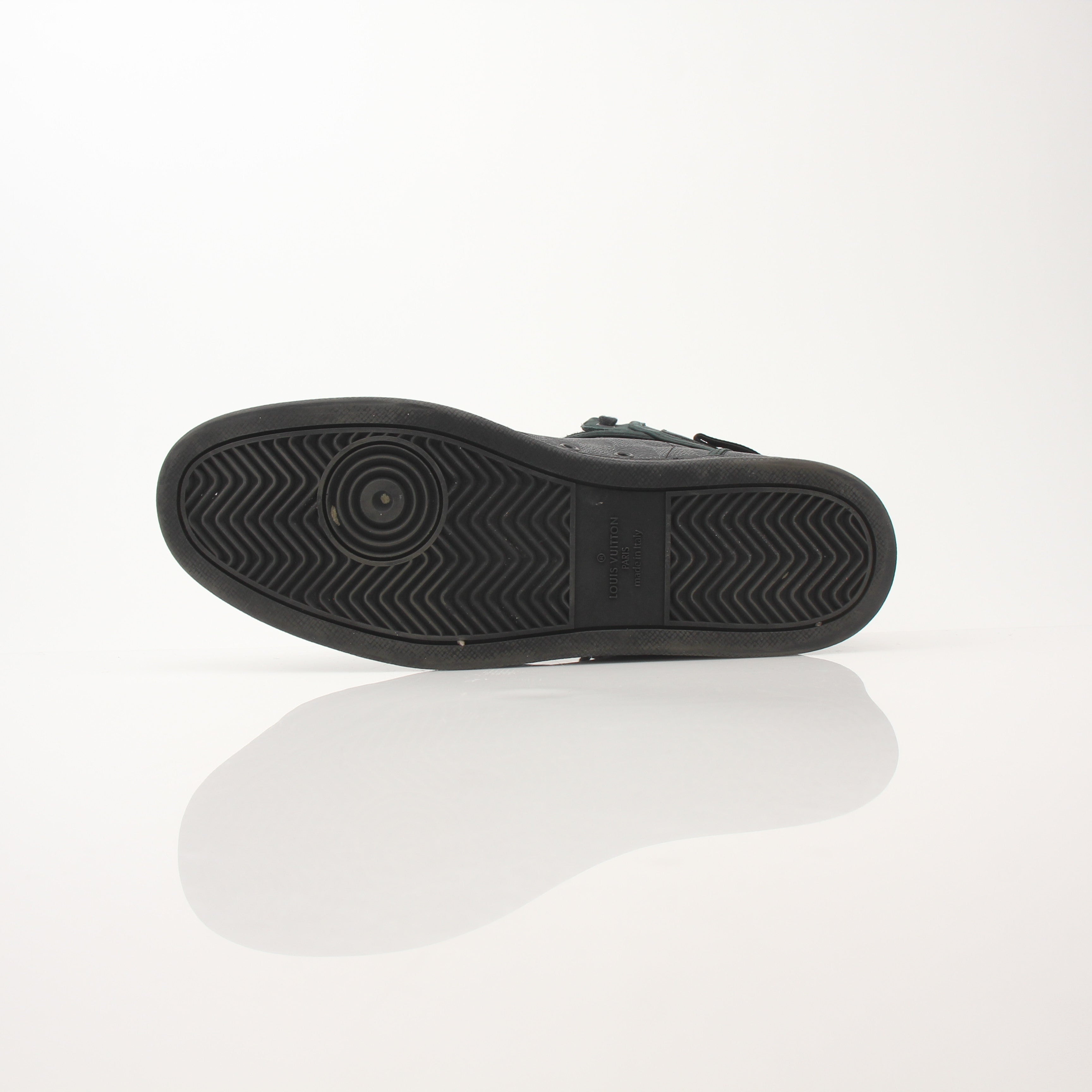 Louis Vuitton Men’s Rivoli high top sneakers by Gold & Beyond, featuring black leather uppers and stylish design details.