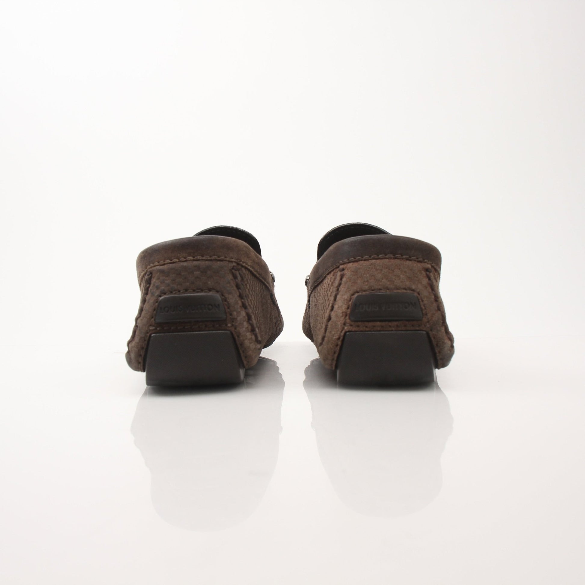 Gold & Beyond Louis Vuitton Hockenheim Moccasin shoes with tan leather and detailed stitching, stylish men's footwear.