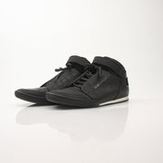 Louis Vuitton men's black mid-top sneakers featuring sleek design, leather accents, and stylish laces from Gold & Beyond.
