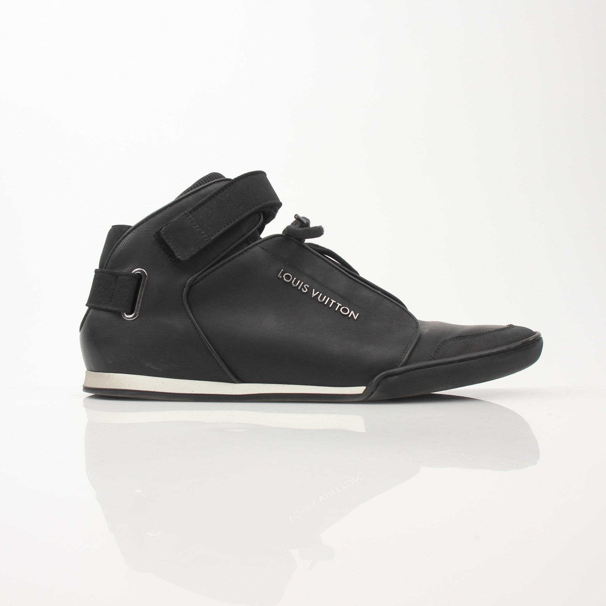 Black Louis Vuitton men's mid-top sneakers by Gold & Beyond, featuring sleek design and stylish detailing.