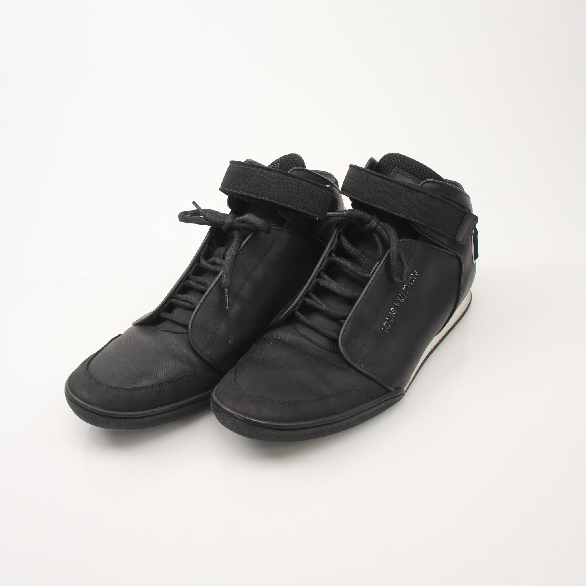 Black Louis Vuitton men's mid-top sneakers by Gold & Beyond, stylish shoes with sleek design and comfortable fit.