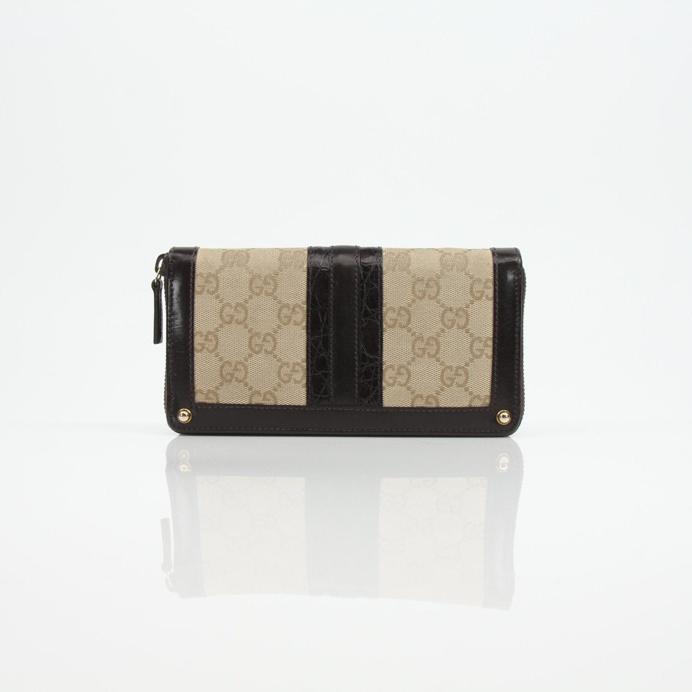 Gucci crocodile canvas wallet with gold accents, featuring a sleek, compact design for stylish everyday use.