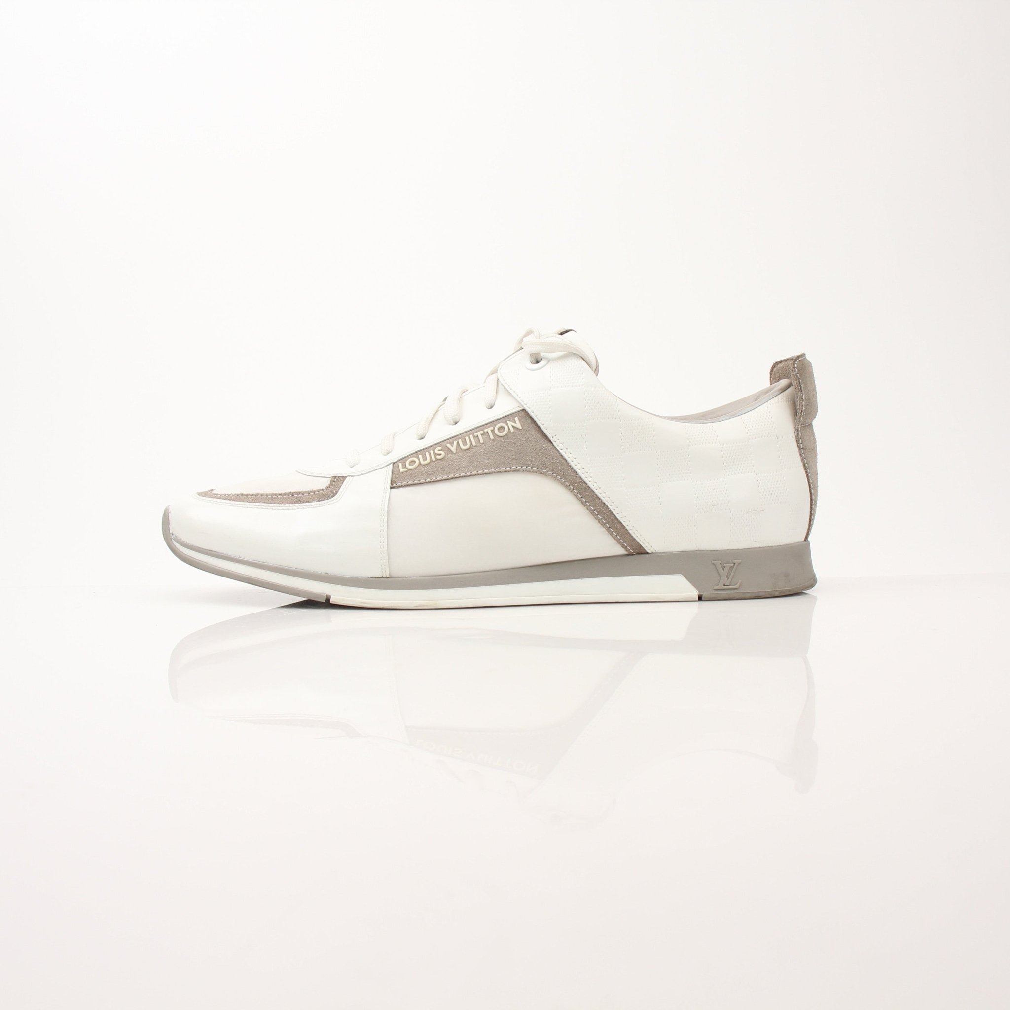 Louis Vuitton Damier trainers by Gold & Beyond, stylish shoes with classic checkered pattern, lace-up design, and comfortable fit.