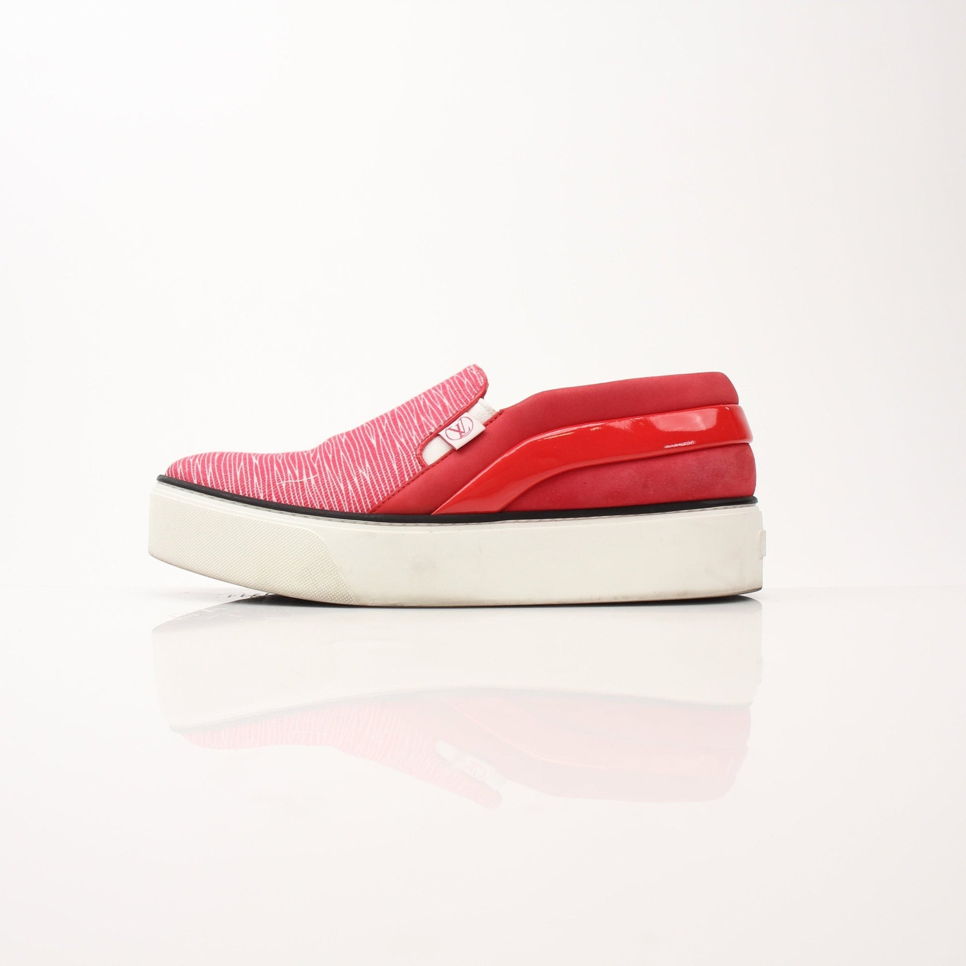 Gold & Beyond Louis Vuitton red slip-on sneakers, stylish shoes with a sleek design and comfortable fit, shown on a white background.