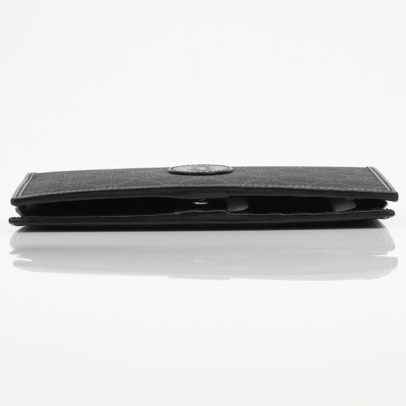 Gucci GG Supreme black wallet with gold accents, showcasing the luxury leather design and brand logo for men's accessory.