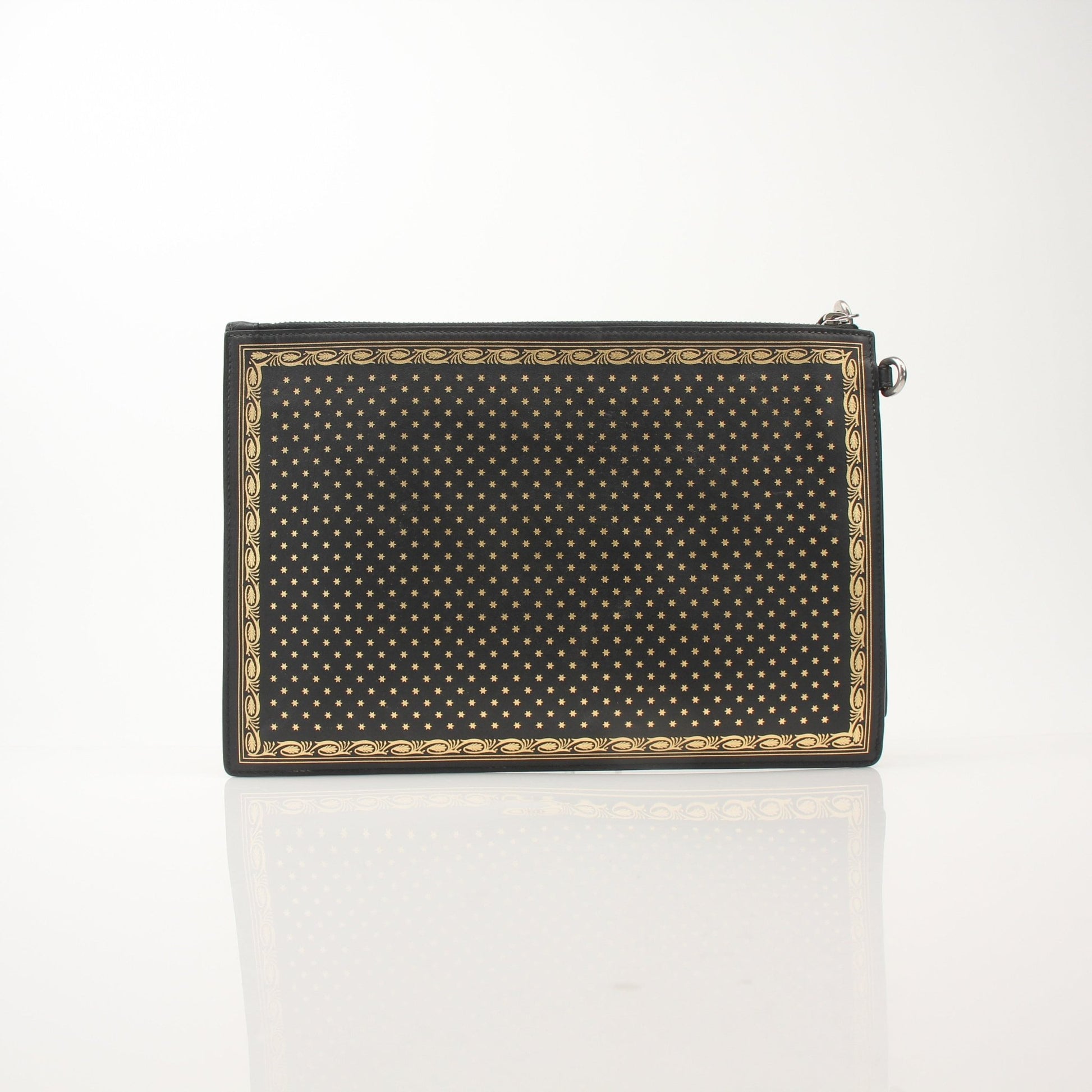 Gucci x SEGA black clutch handbag by Gold & Beyond, featuring a sleek design with logo details and a zip closure.