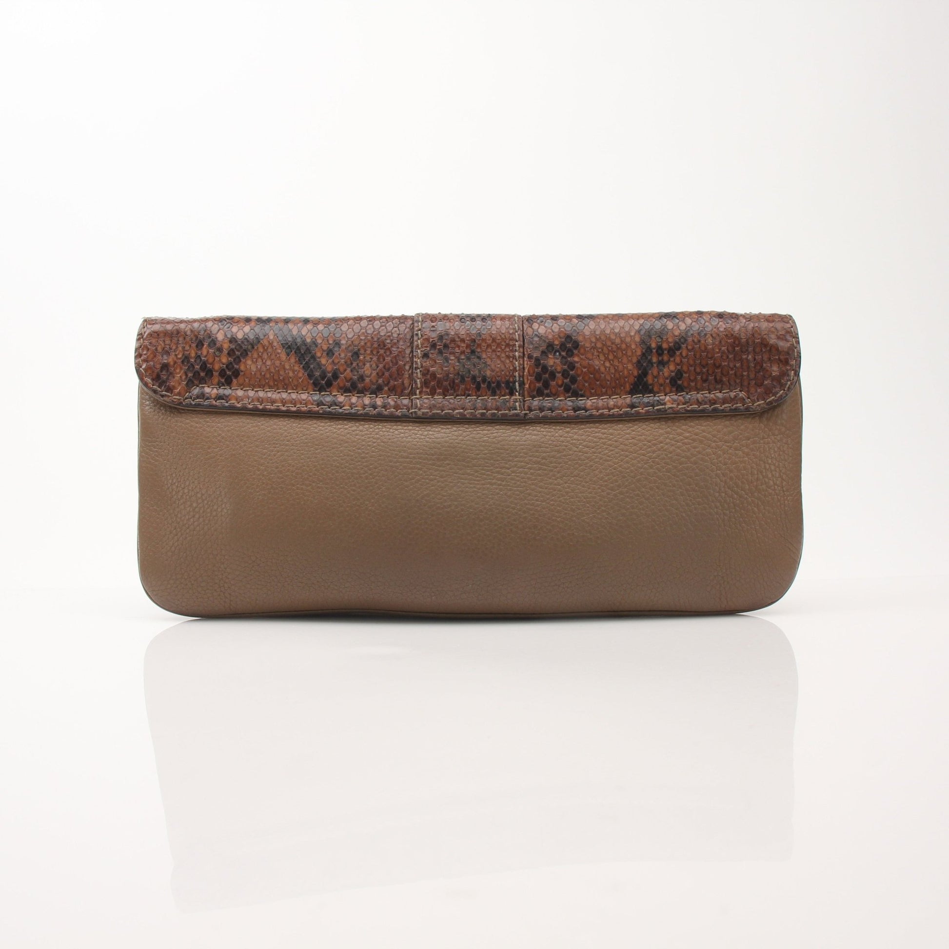 Gucci brown Python Greenwich clutch handbag with gold accents, featuring a sleek, textured python leather exterior.