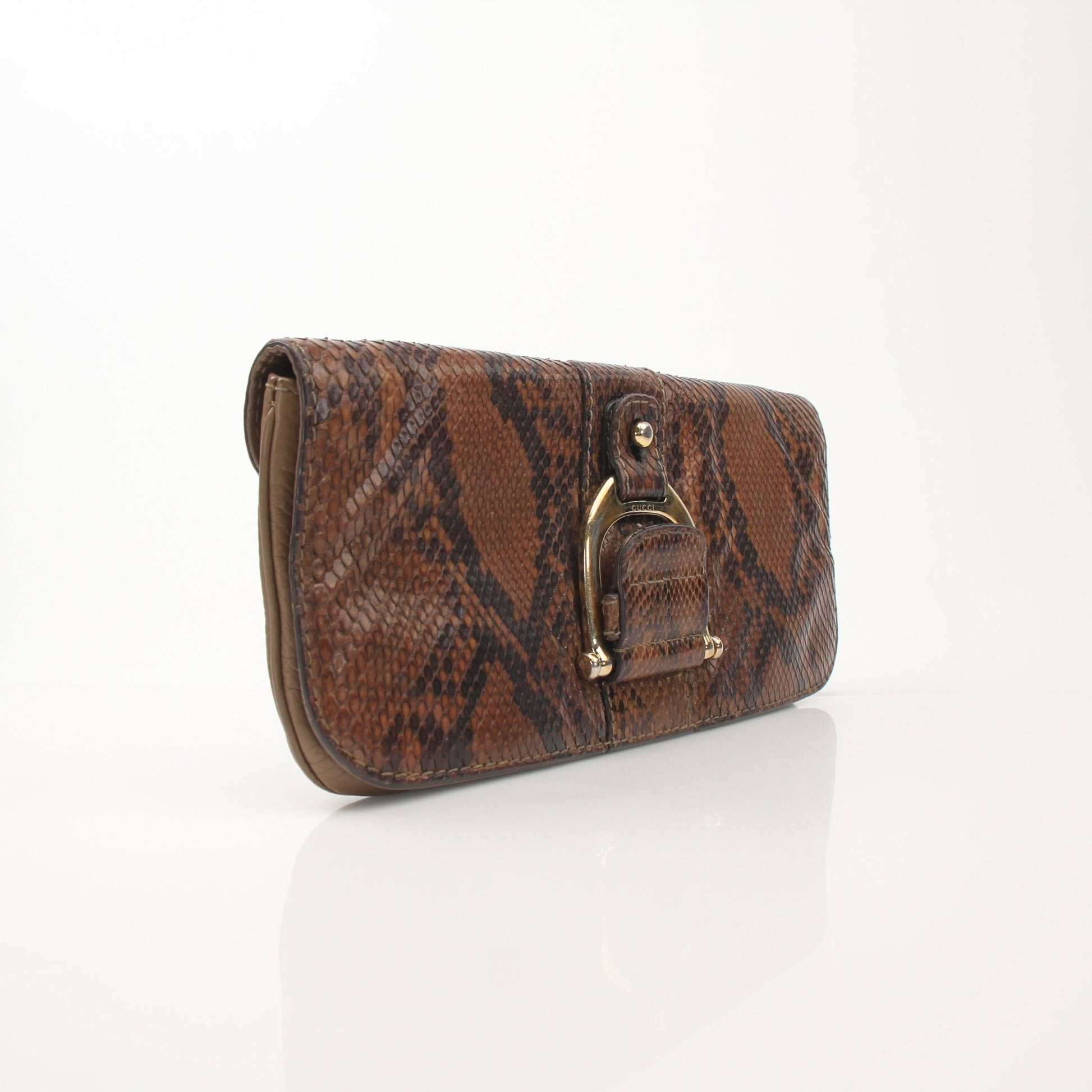 Gucci brown python Greenwich clutch handbag with sleek design and gold accents, displayed on a neutral background.