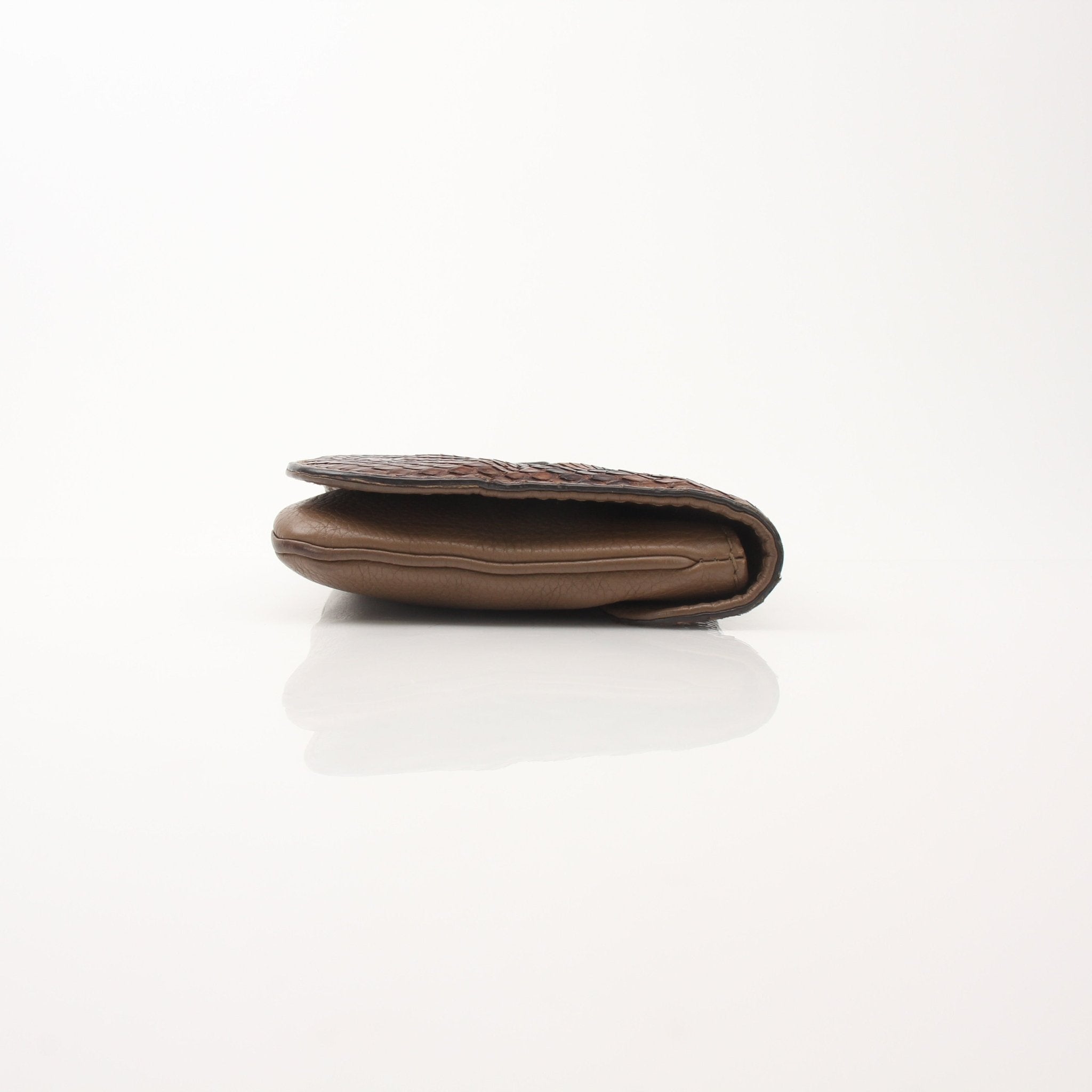 Gucci brown Python Greenwich clutch handbag with gold accents, showcasing a sleek, textured python leather design.
