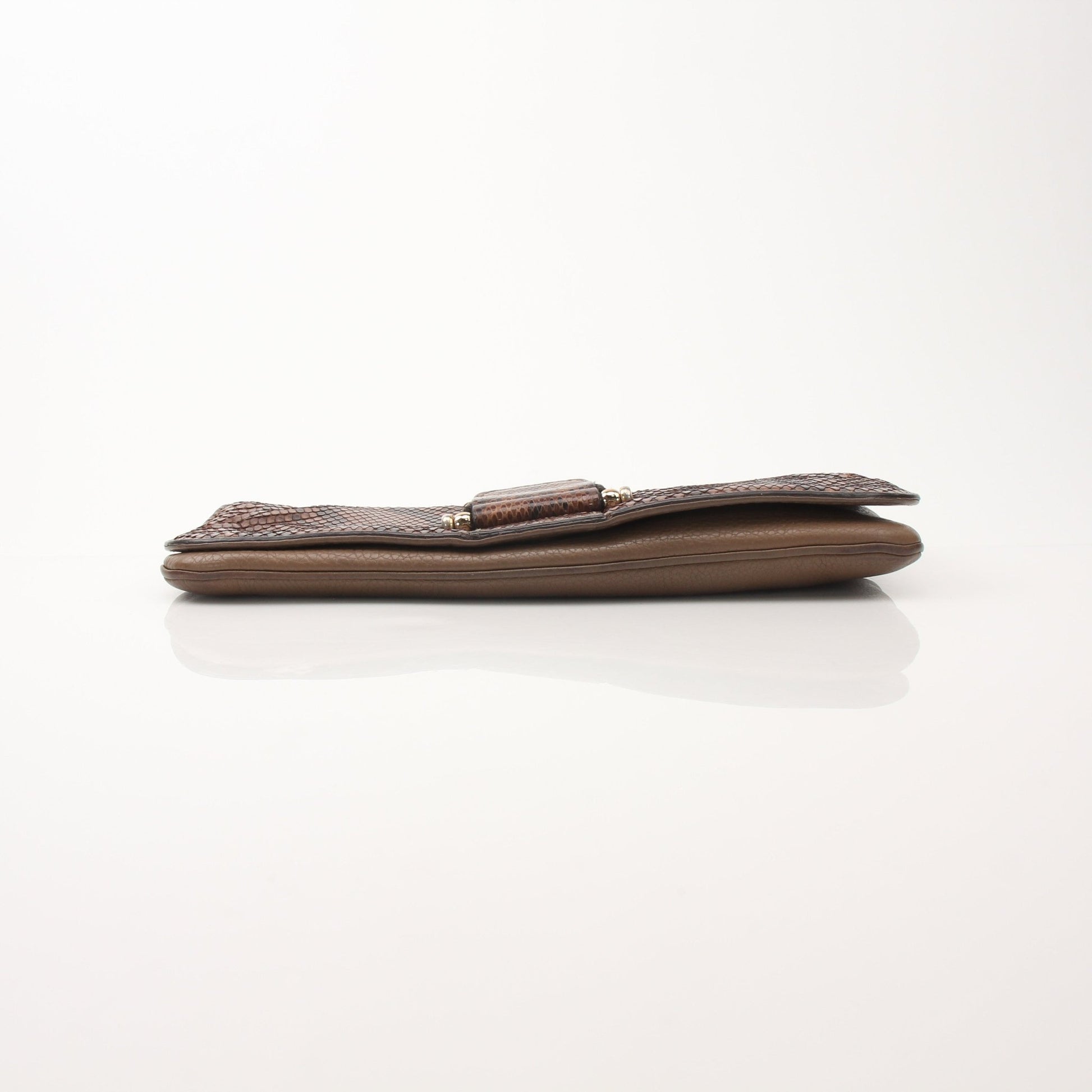 Gucci brown Python Greenwich clutch handbag with gold accents, featuring textured python leather and elegant design.