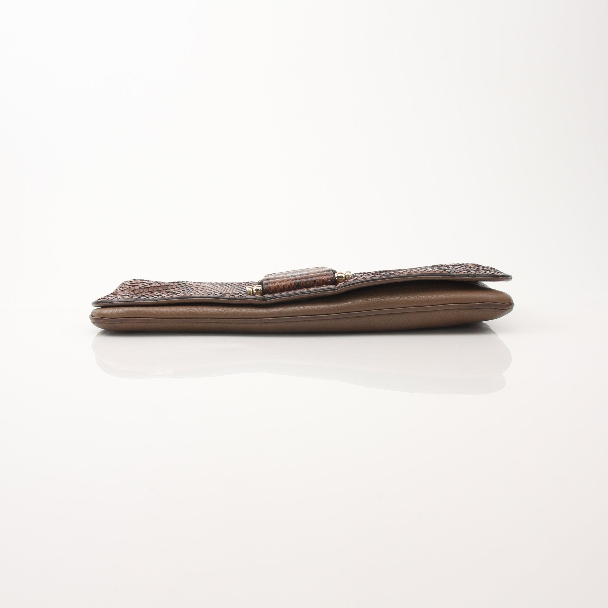 Gucci brown Python Greenwich clutch handbag with gold accents, featuring textured python leather and elegant design.