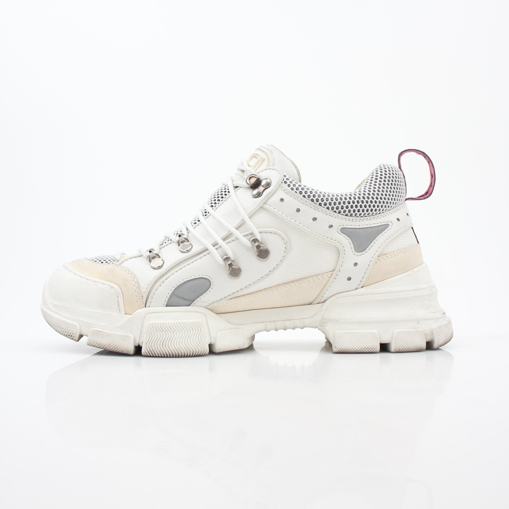 Gold & Beyond Gucci White Flashtrek leather, mesh, and suede sneakers with stylish design and branded details.