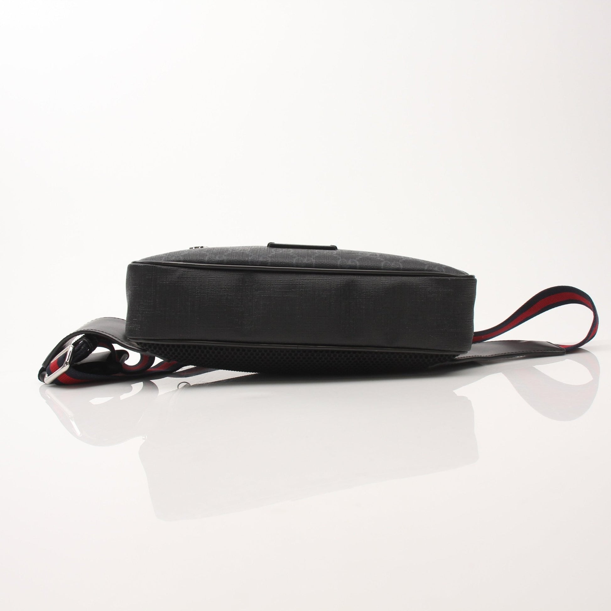 Gucci GG Supreme Monogram Web Belt Bag, stylish handbag with adjustable strap, featuring Gucci monogram pattern and gold-tone accents.