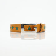 Gold & Beyond Gucci yellow star leather belt, stylish accessories with star detail, showcasing the belt's leather strap and buckle.