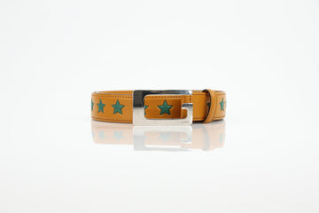 Gucci 709958 Mustard Yellow Leather Belt with Teal Stars and Silver-Tone Buckle