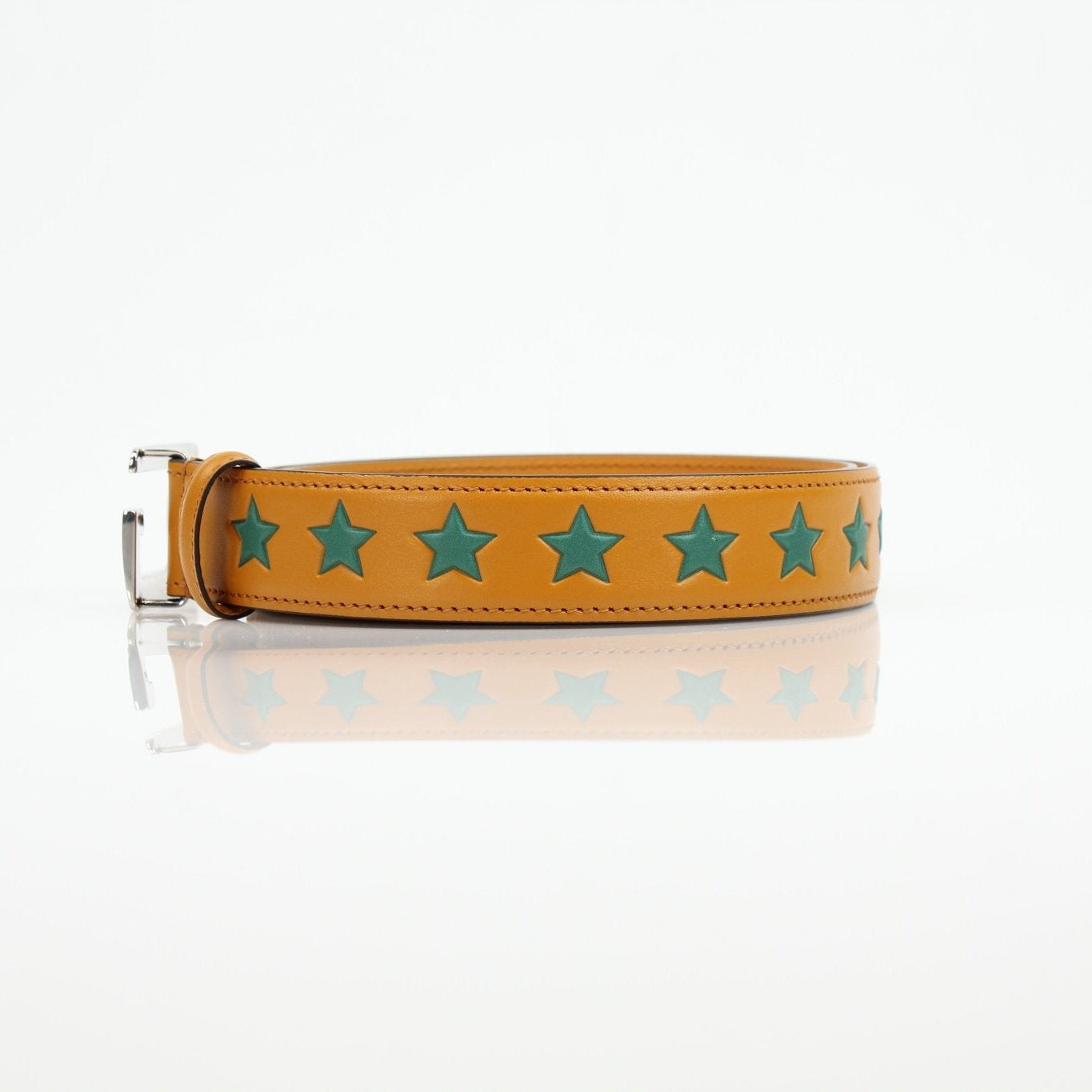 Gucci yellow star leather belt, gold buckle detail, stylish accessories for women and men, high-quality designer belt.