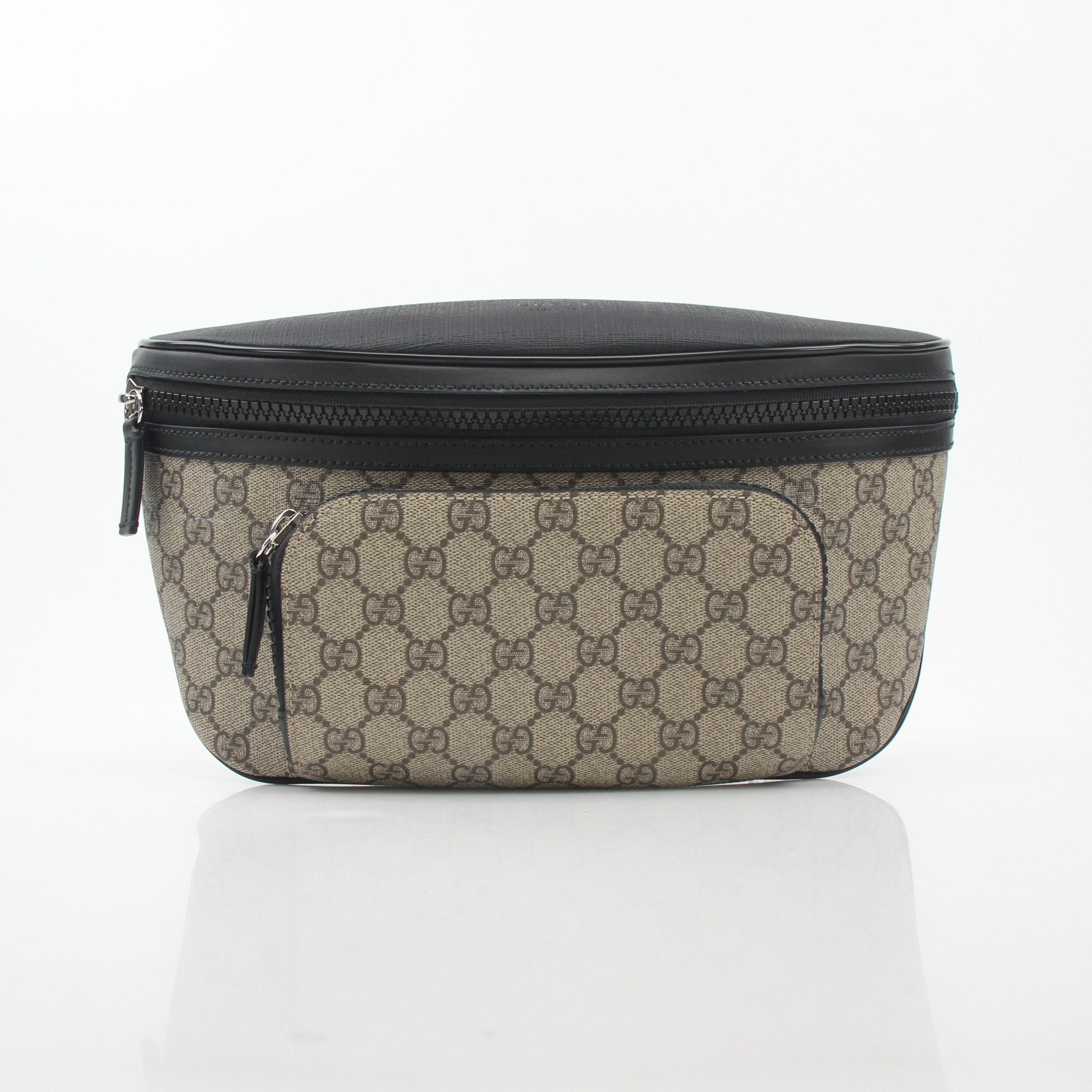 Gucci beige GG Supreme monogram large belt bag handbag with gold hardware and adjustable strap.