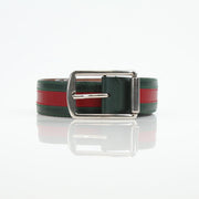 Gucci red and green web belt with gold buckle, stylish accessories for fashion-forward outfits