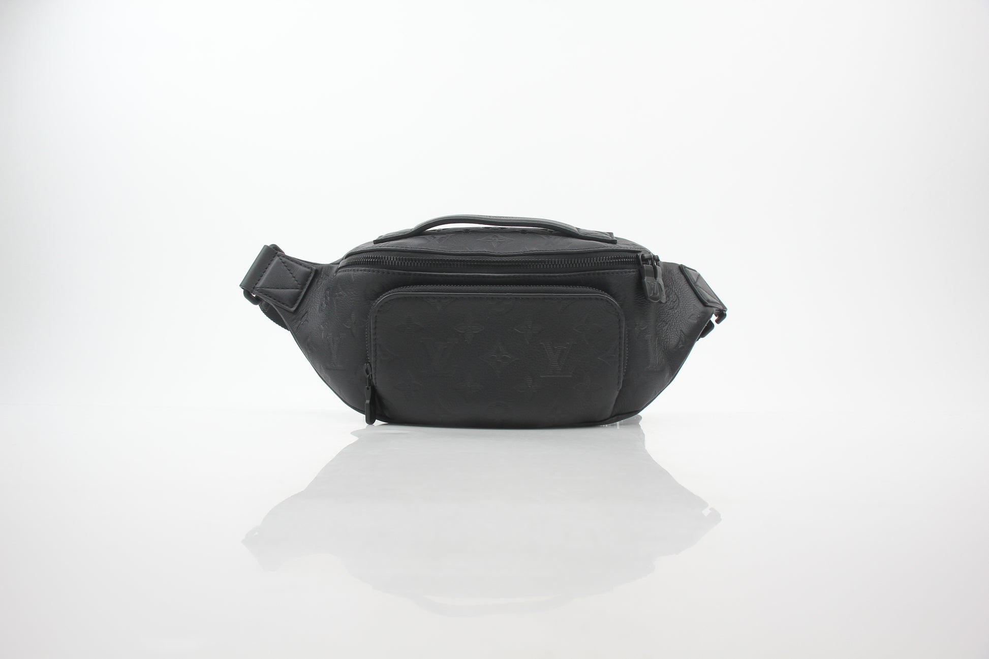 Louis Vuitton Black Monogram Shadow Rush Bum Bag handbag with adjustable strap and gold-tone hardware.