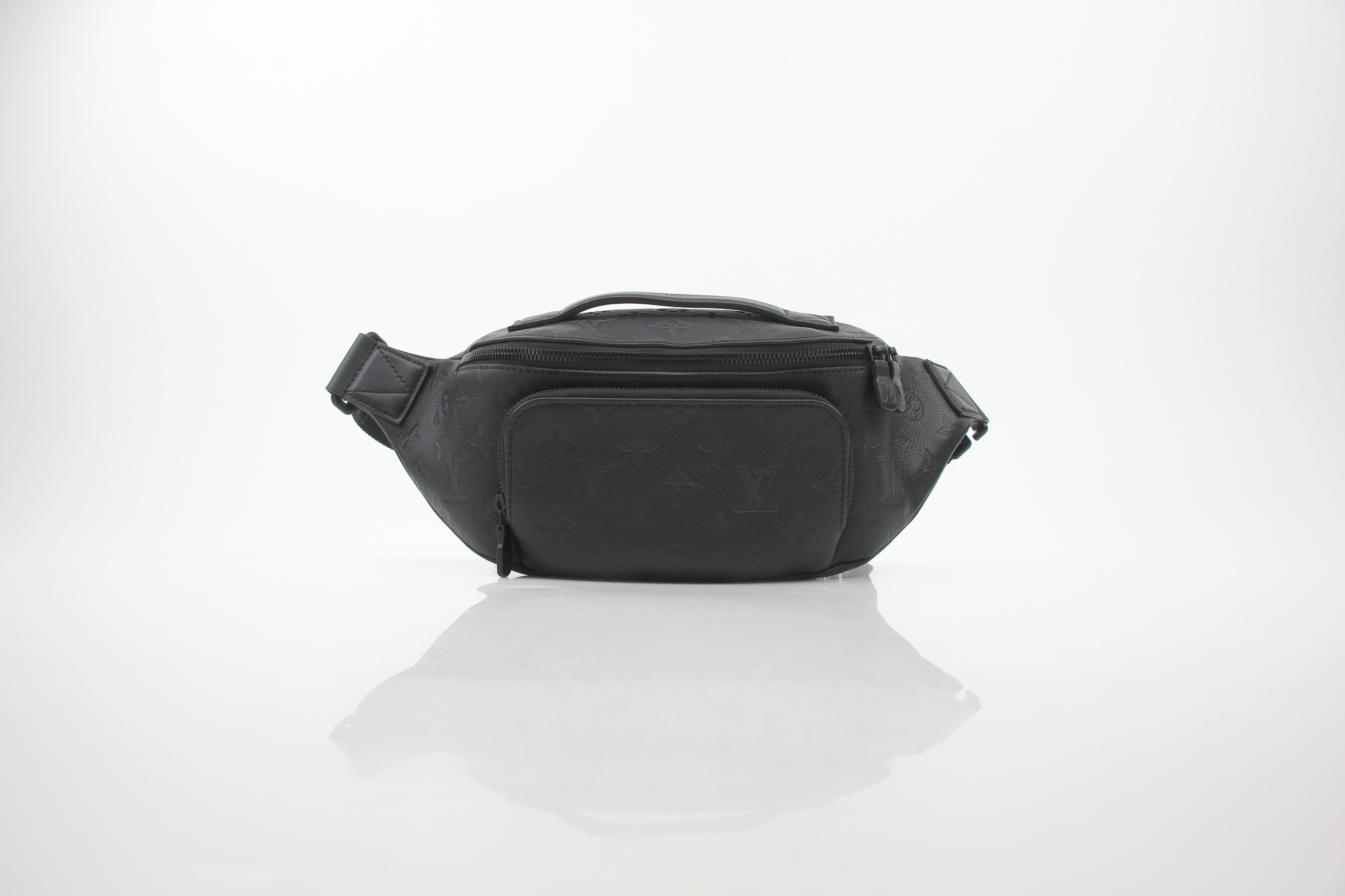 Louis Vuitton Black Monogram Shadow Rush Bum Bag handbag with adjustable strap and gold-tone hardware.