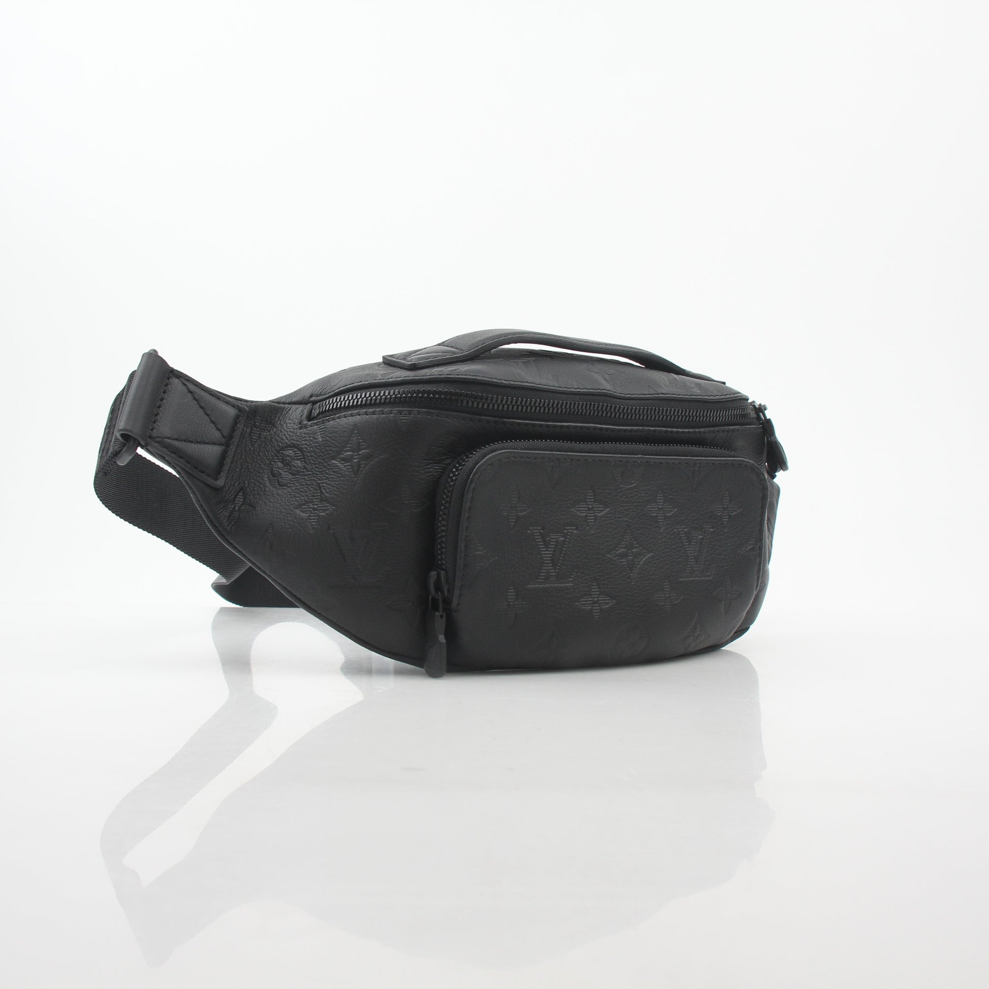 Louis Vuitton Black Monogram Shadow Rush Bum Bag, a stylish handbag with monogram pattern and adjustable strap.