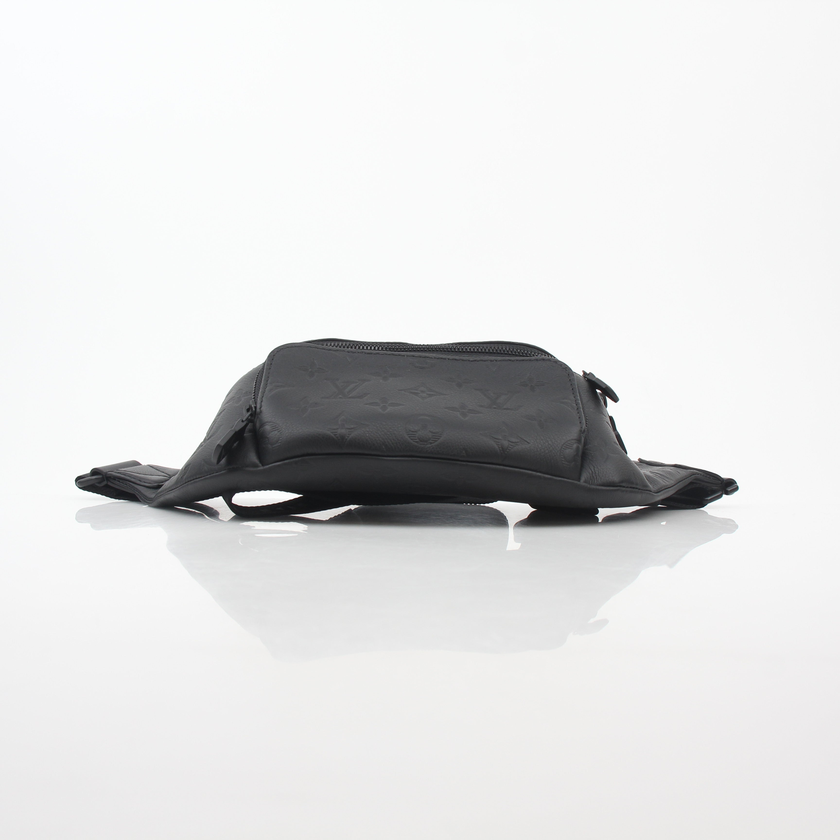 Louis Vuitton black Monogram Shadow Rush Bum Bag, Gold & Beyond handbag with adjustable strap and signature monogram design.