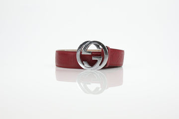 Gucci Red Guccissima Leather Belt with Silver-Tone Interlocking GG Buckle