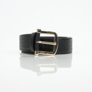 Black Gucci Guccissima belt with gold buckle, showcasing the iconic pattern and sleek design, perfect for stylish accessories.