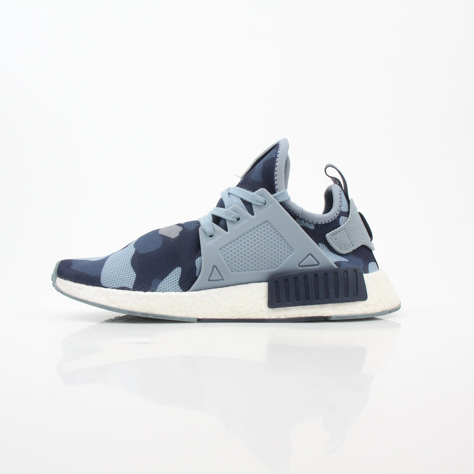 Adidas NMD XR1 PK Blue Duck Camo sneakers with white midsole and blue camouflage pattern, showcasing the stylish shoes.