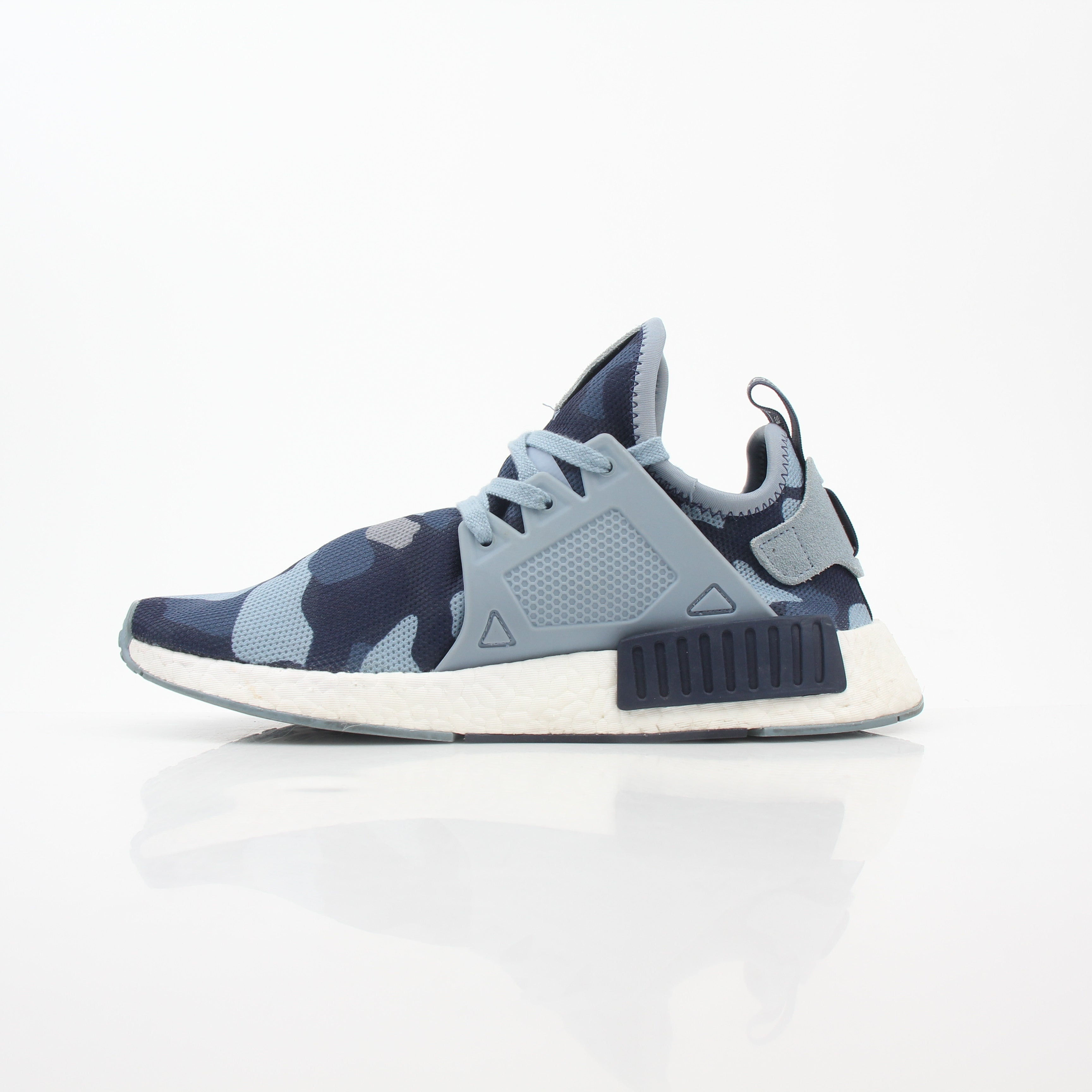 Adidas NMD XR1 PK Blue Duck Camo sneakers with white midsole and blue camouflage pattern, showcasing the stylish shoes.