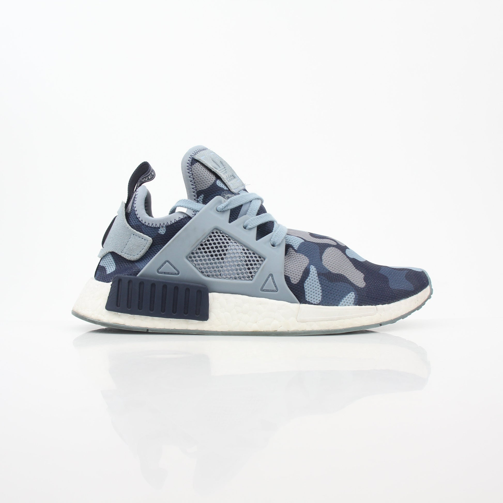 Adidas NMD XR1 PK Blue Duck Camo sneakers with Boost sole and signature design, displayed on a plain background.