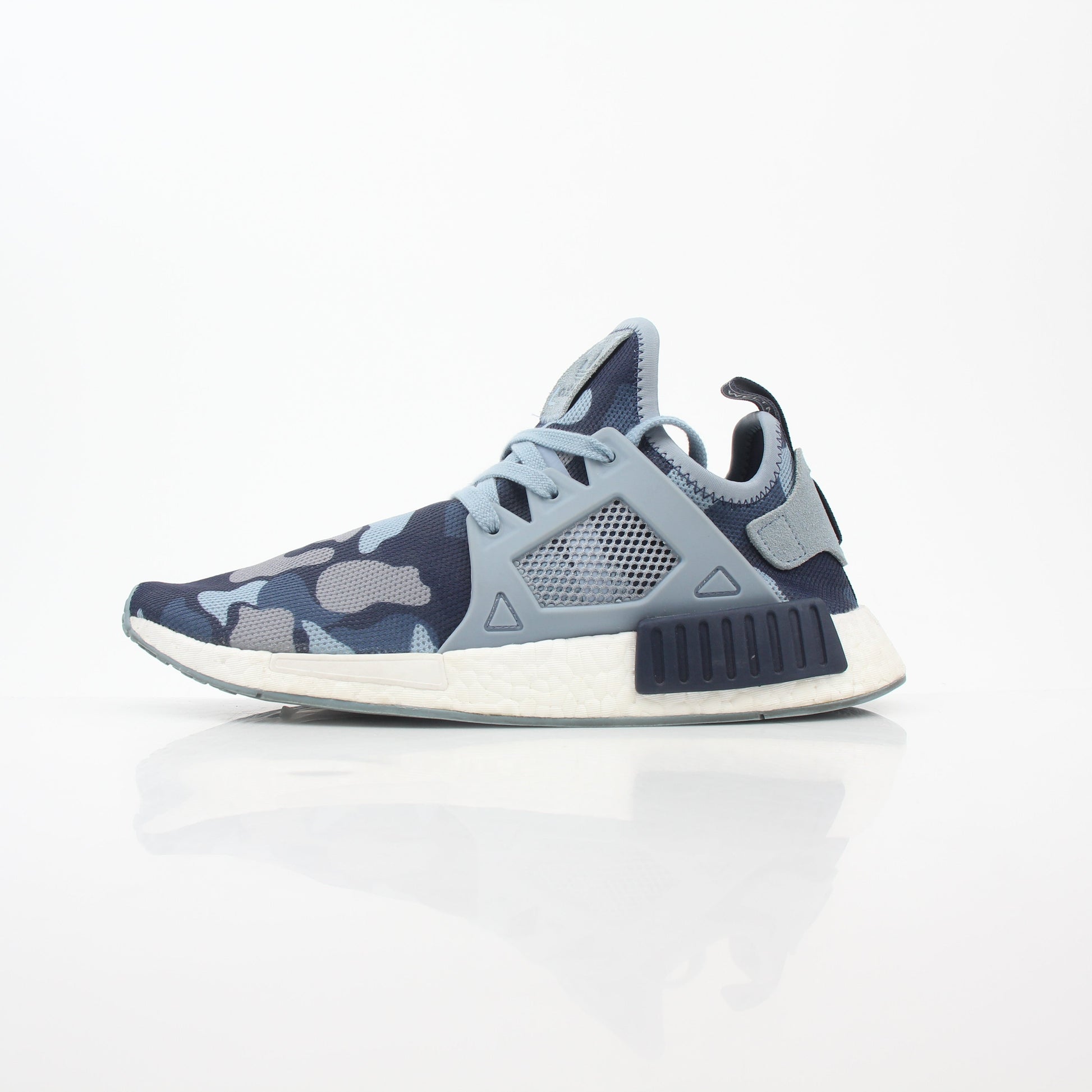 Blue Adidas NMD XR1 PK Duck Camo sneakers with white Boost sole and black accents, stylish athletic shoes by Gold & Beyond.