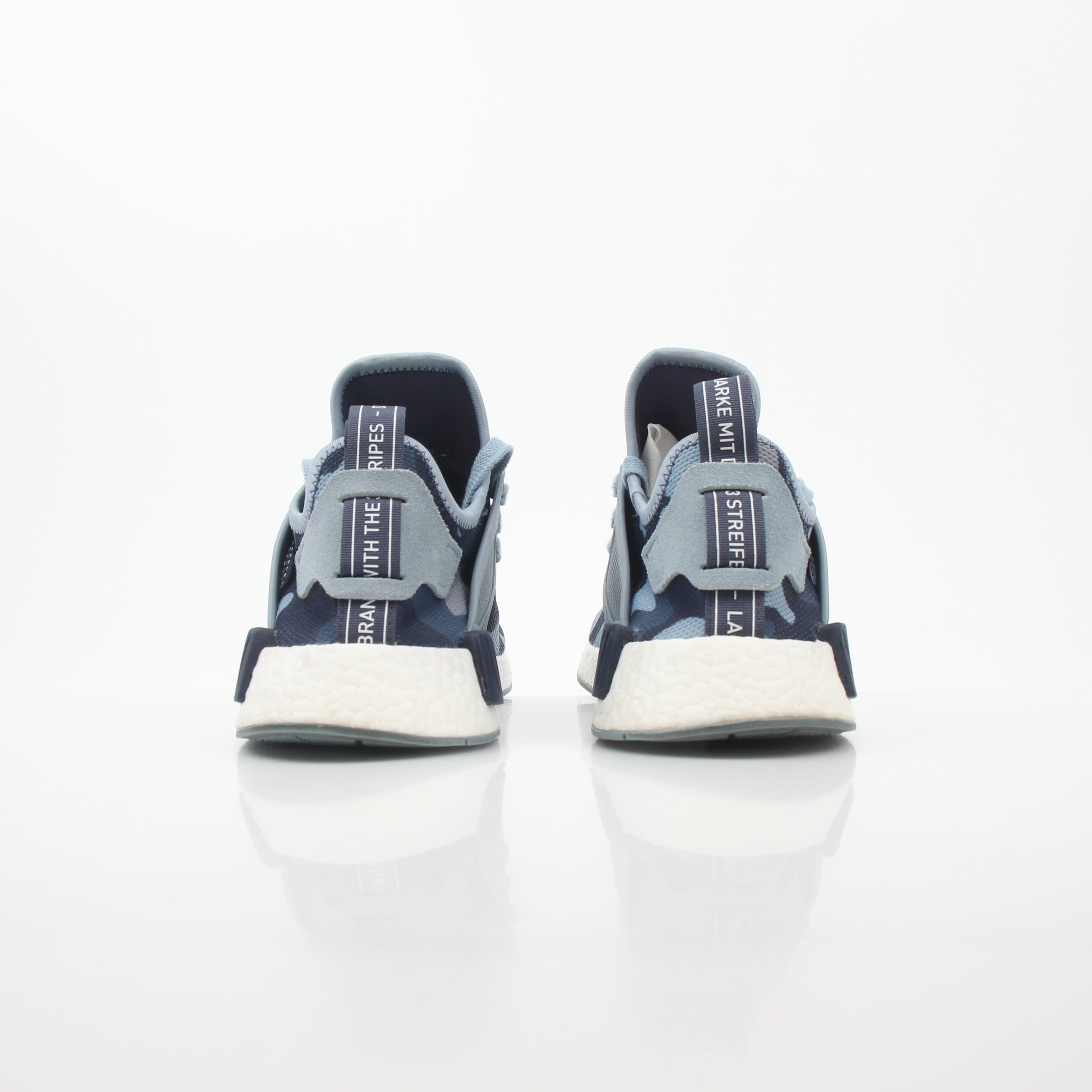 Gold & Beyond Adidas NMD XR1 PK Blue Duck Camo sneakers, athletic shoes with blue camo pattern and modern design.