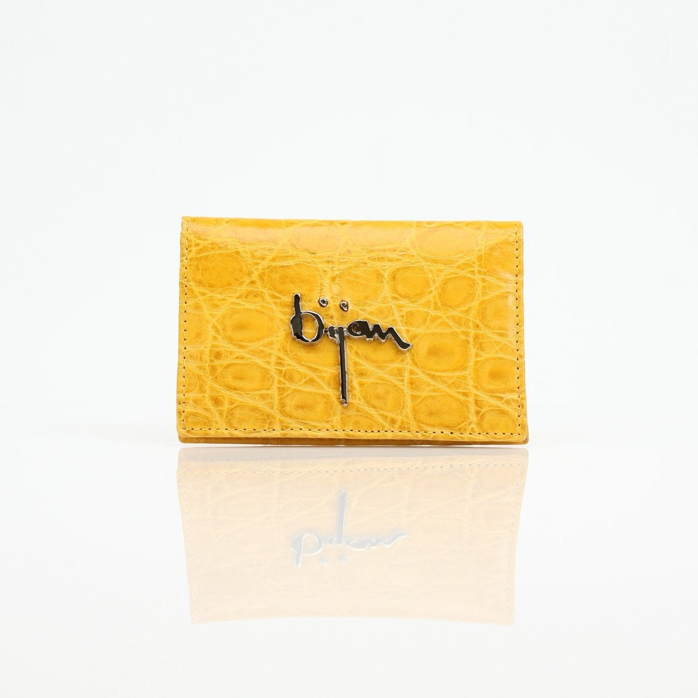 Gold & Beyond Bijan yellow crocodile leather wallet, slim and elegant with textured crocodile pattern and gold-tone hardware.
