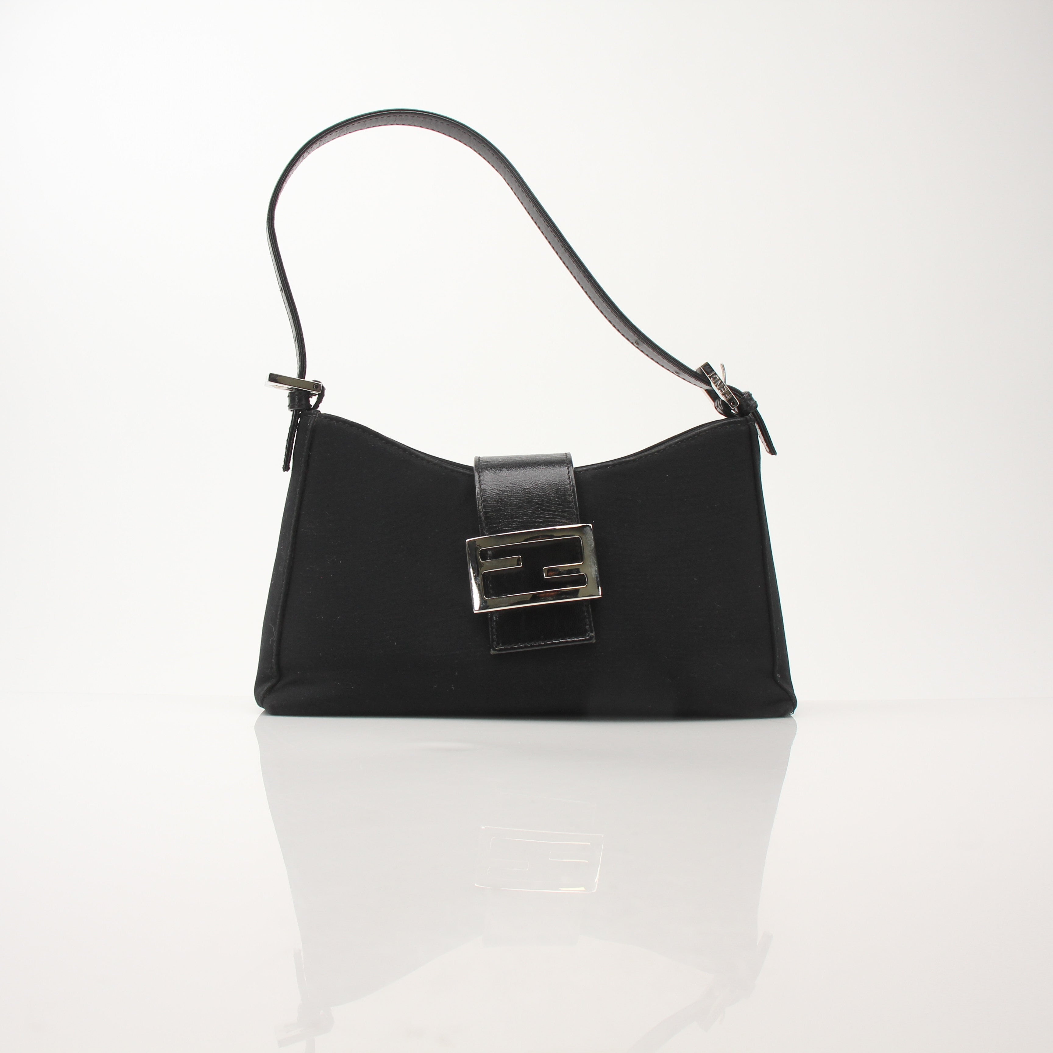 Fendi black neoprene baguette shoulder handbag with gold accents, featuring a sleek, compact design and signature style.