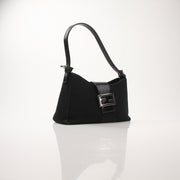 Black neoprene Fendi Baguette shoulder handbag with gold-tone accents, stylishly displayed on a neutral background.